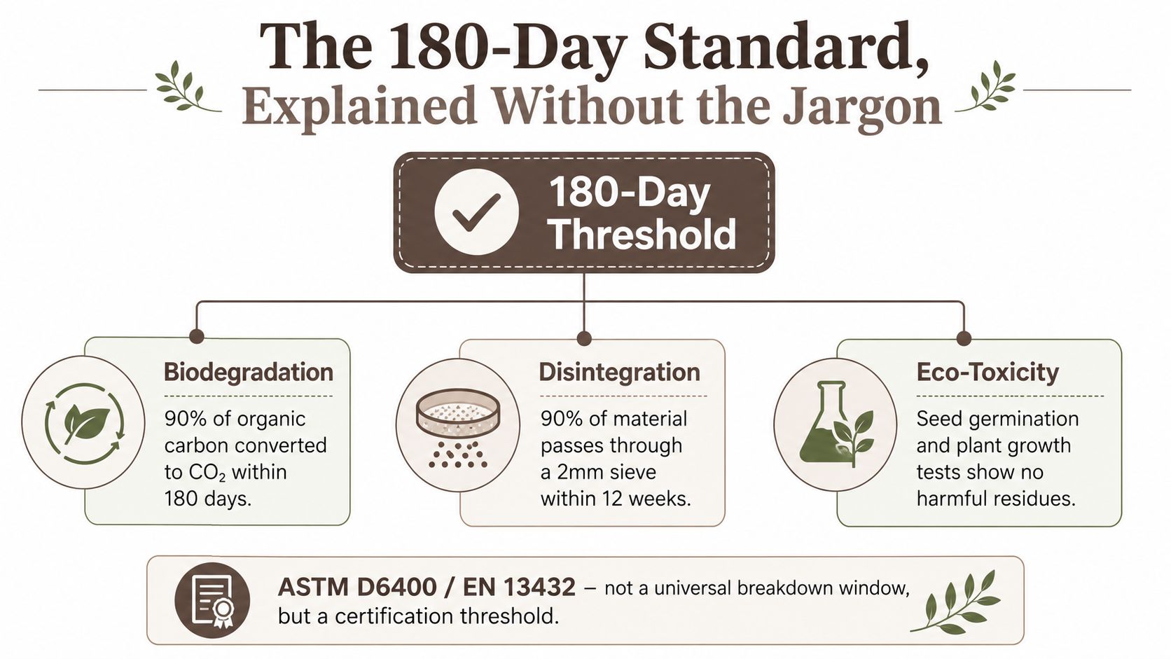 An infographic explaining the 180-day standard for composting through biodegradation, disintegration, and eco-toxicity criteria.