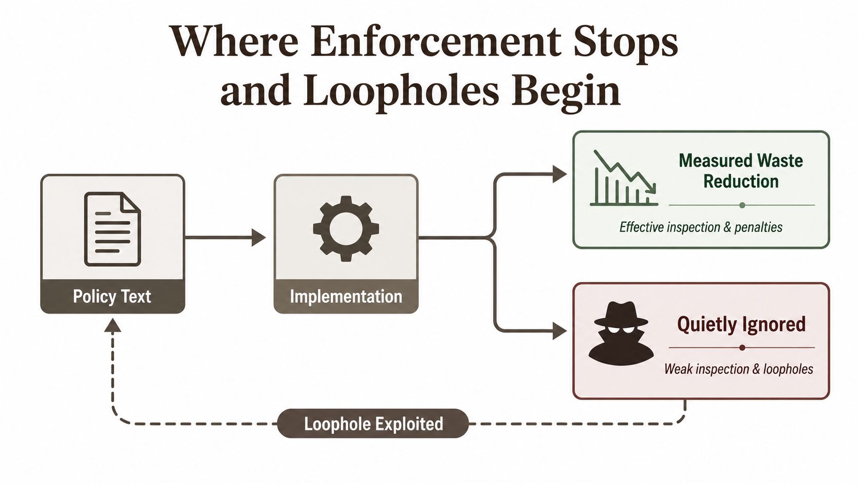 A diagram illustrating how policy implementation leads to either successful waste reduction or ignored loopholes.
