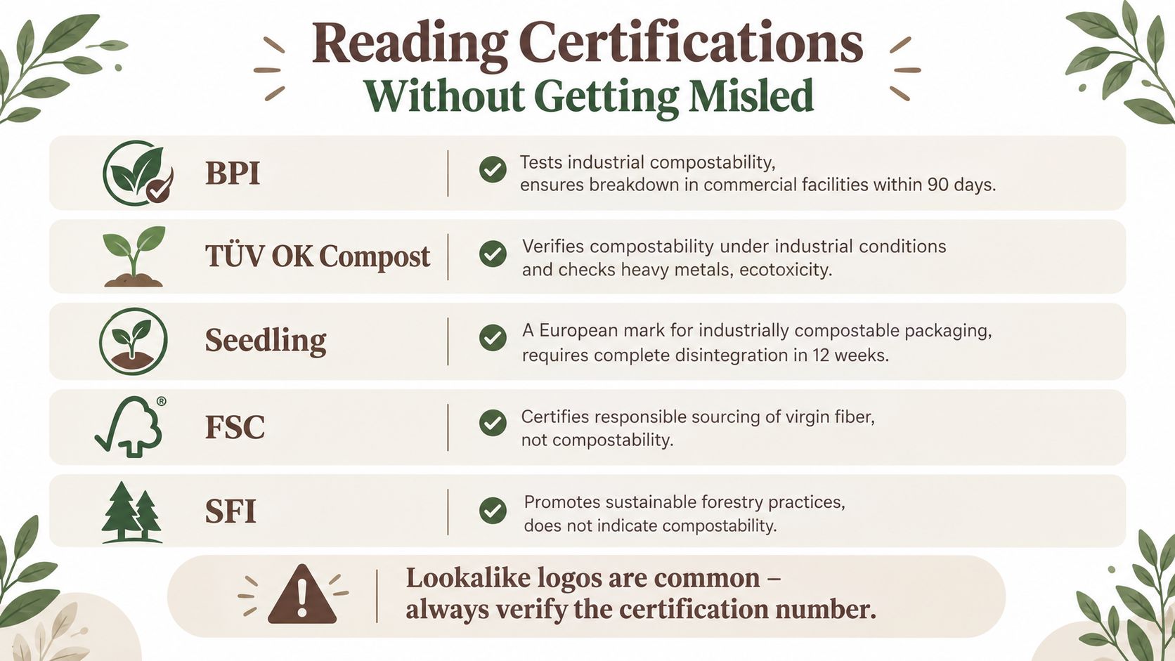 An infographic titled Reading Certifications Without Getting Misled, explaining various compostability and forestry certification logos.