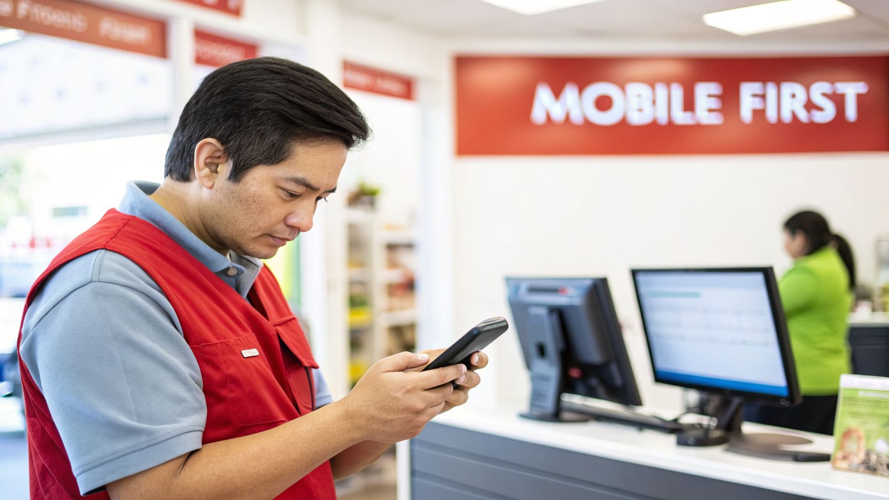 A man in a red vest uses a smartphone in a store with a 'MOBILE FIRST' sign.