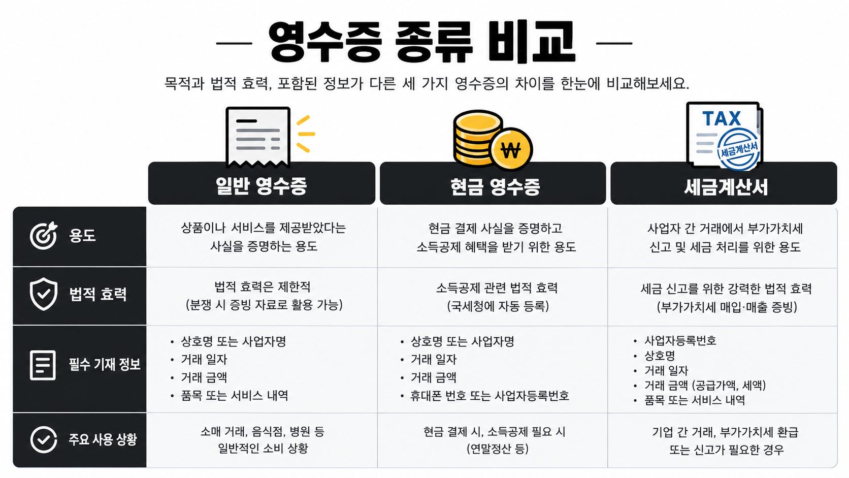 일반 영수증, 현금 영수증, 세금계산서의 용도, 법적 효력, 필수 기재 정보 및 주요 사용 상황을 비교한 표
