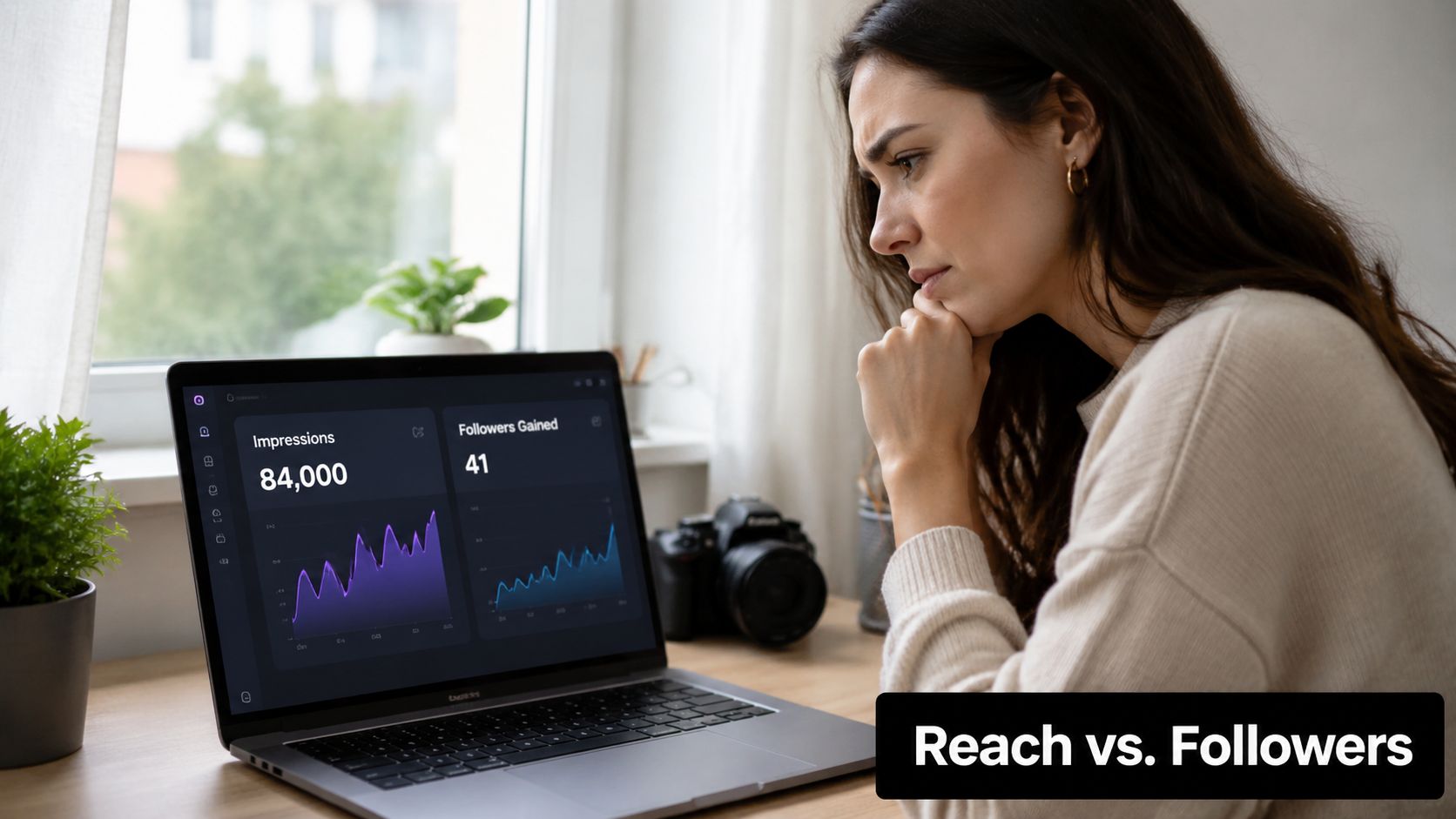 A young woman looking thoughtfully at a laptop screen displaying social media analytics data.