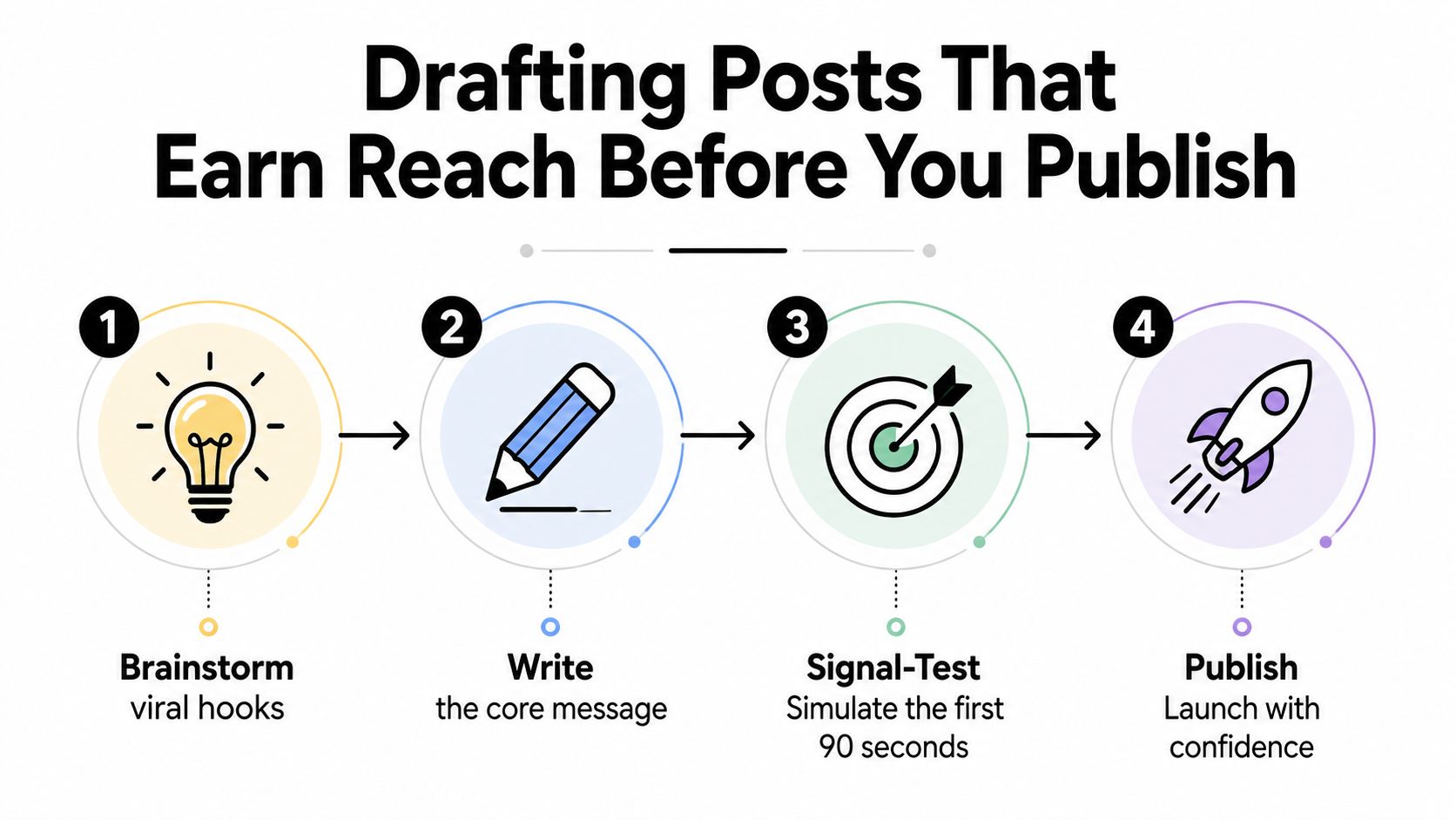 A four-step infographic illustrating a process for creating high-reach social media posts with strategic drafting.