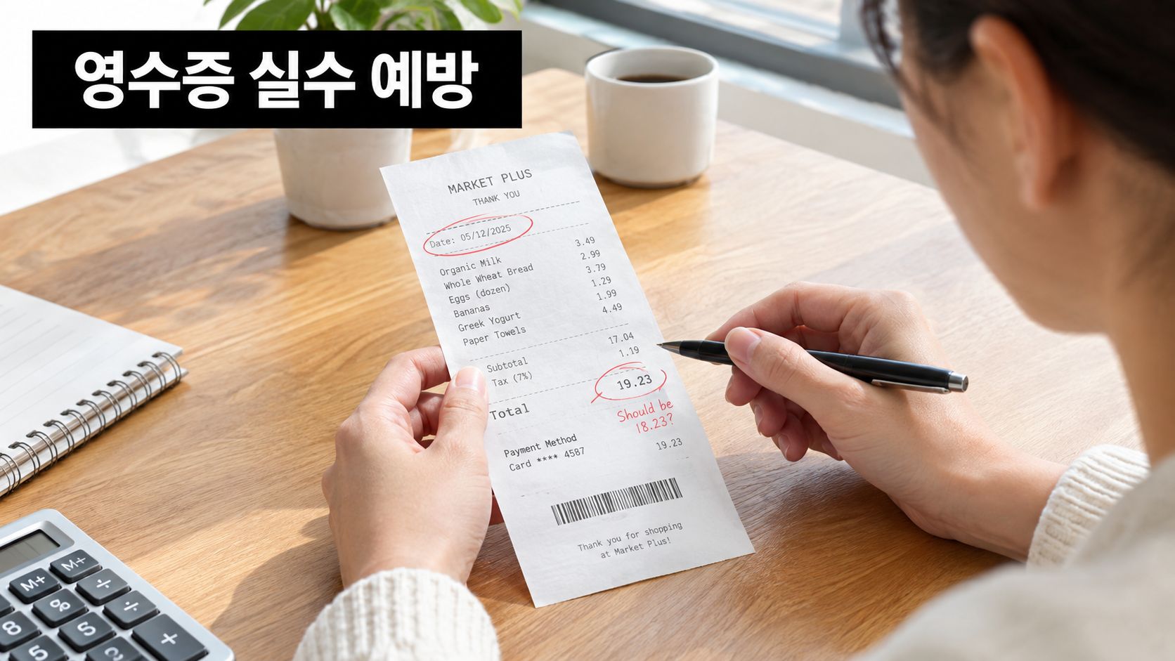 영수증의 금액 오류를 확인하고 펜으로 계산을 수정하며 영수증 실수를 예방하는 모습을 보여주는 이미지입니다.