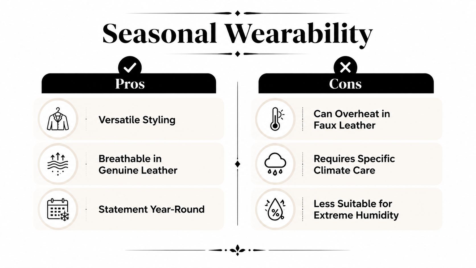 A graphic table comparing the pros and cons of wearing leather clothing across different seasonal conditions.