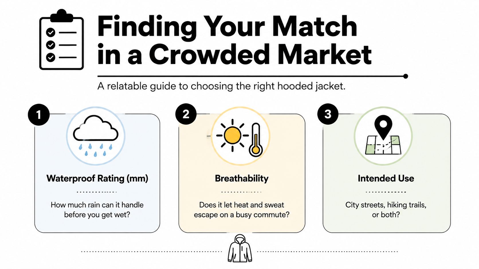 A simple infographic guide titled Finding Your Match in a Crowded Market about choosing a hooded jacket.