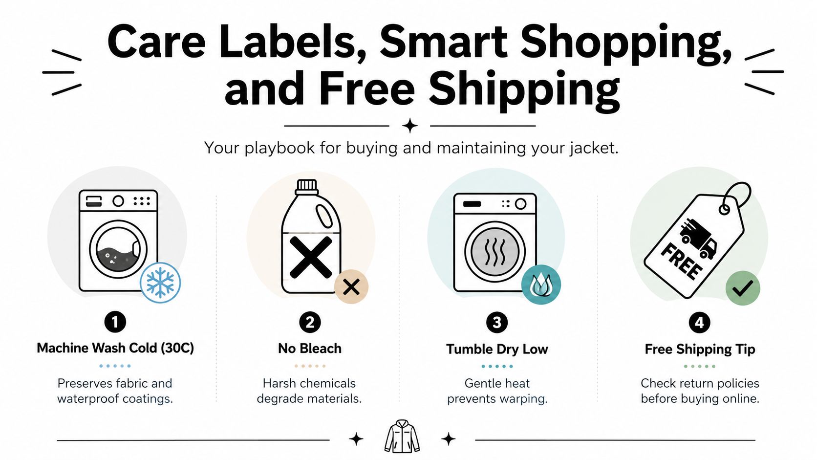 An infographic showing four essential tips for washing, drying, and buying a hooded jacket for women.