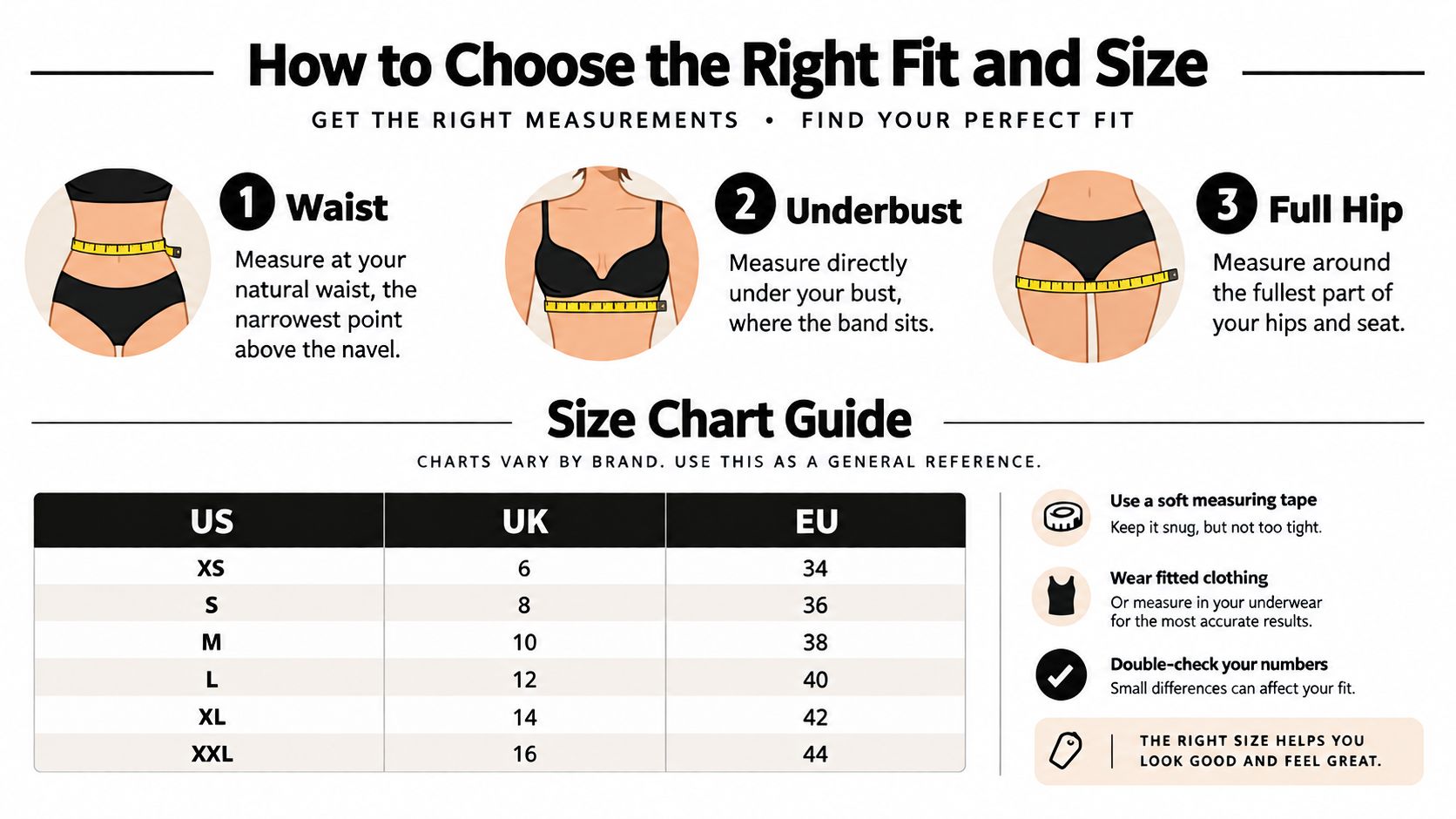 A helpful size guide illustration showing how to measure the waist, underbust, and hips with a size conversion chart.