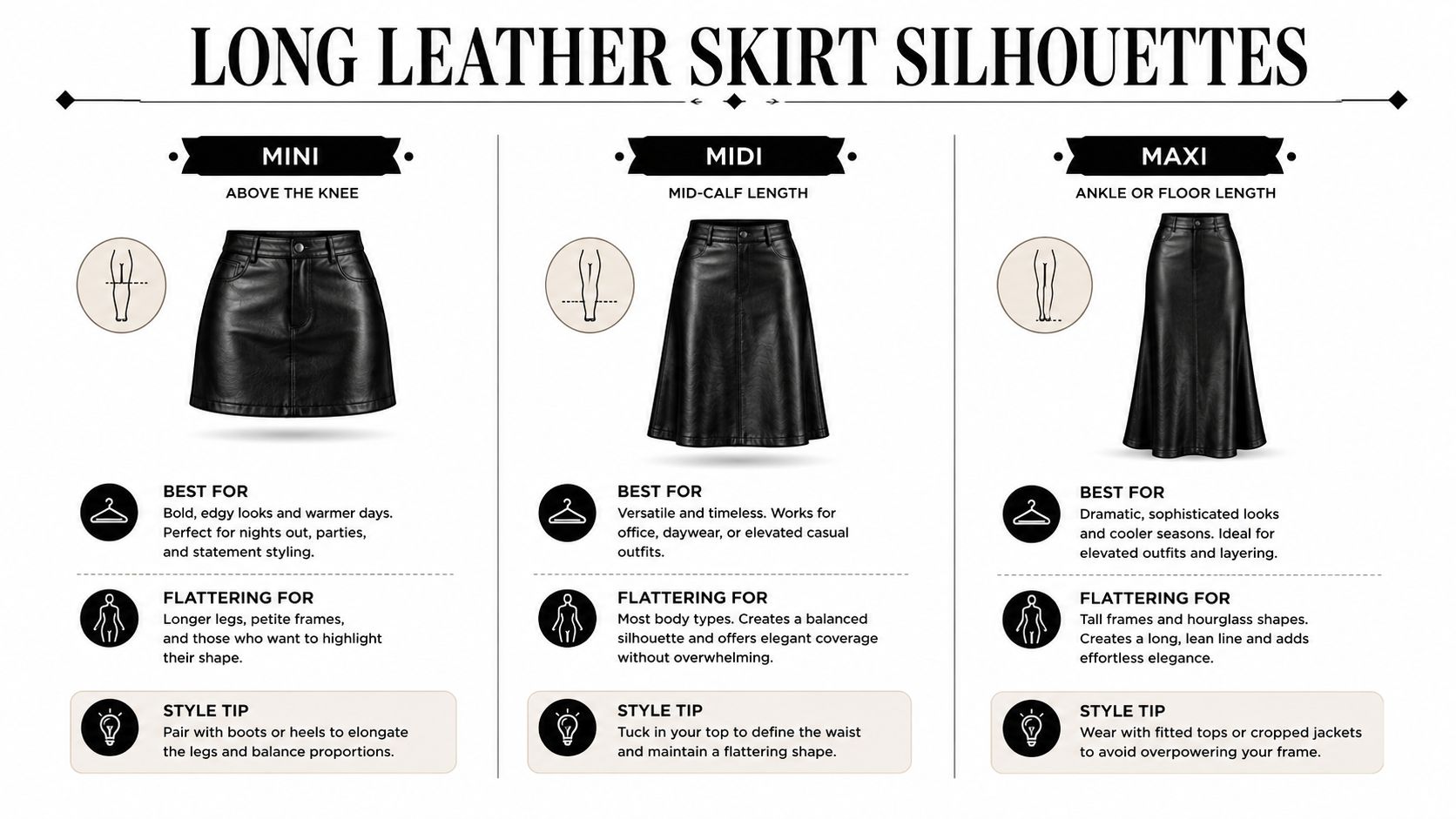 A fashion infographic showcasing three leather skirt silhouettes including mini, midi, and maxi length style guides.