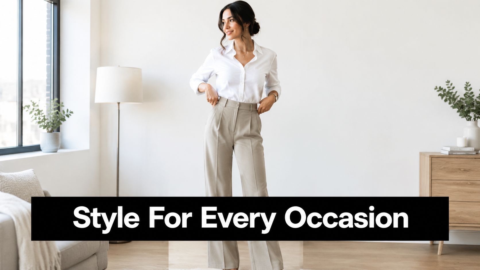 A woman modeling a crisp fitted white blouse and neutral wide-leg trousers in a brightly lit room.