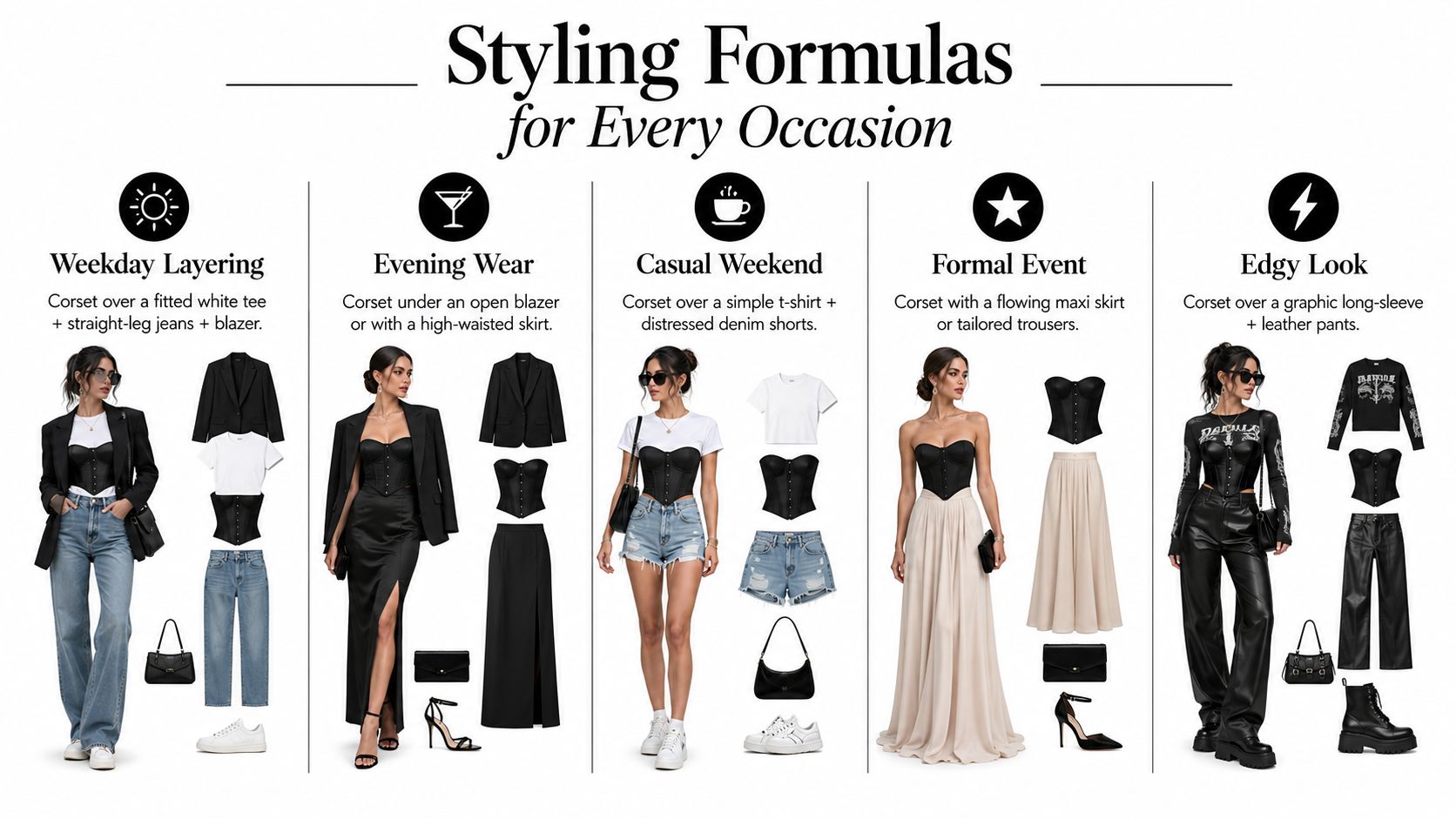 A styling guide showing five different outfit formulas featuring black lace-up corsets for various occasions.