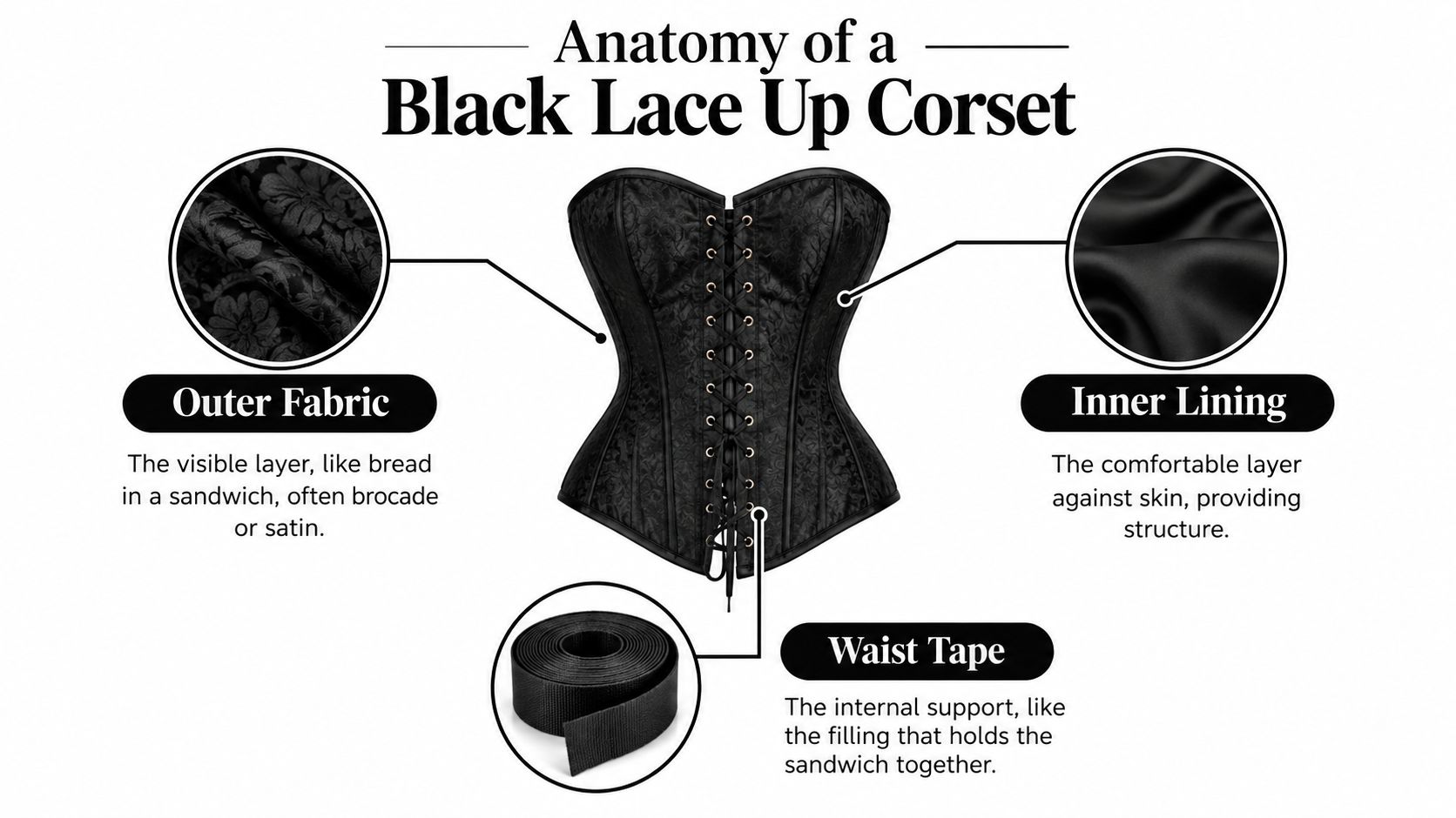 An infographic detailing the anatomy of a black lace up corset, highlighting the outer fabric, inner lining, and waist tape components.