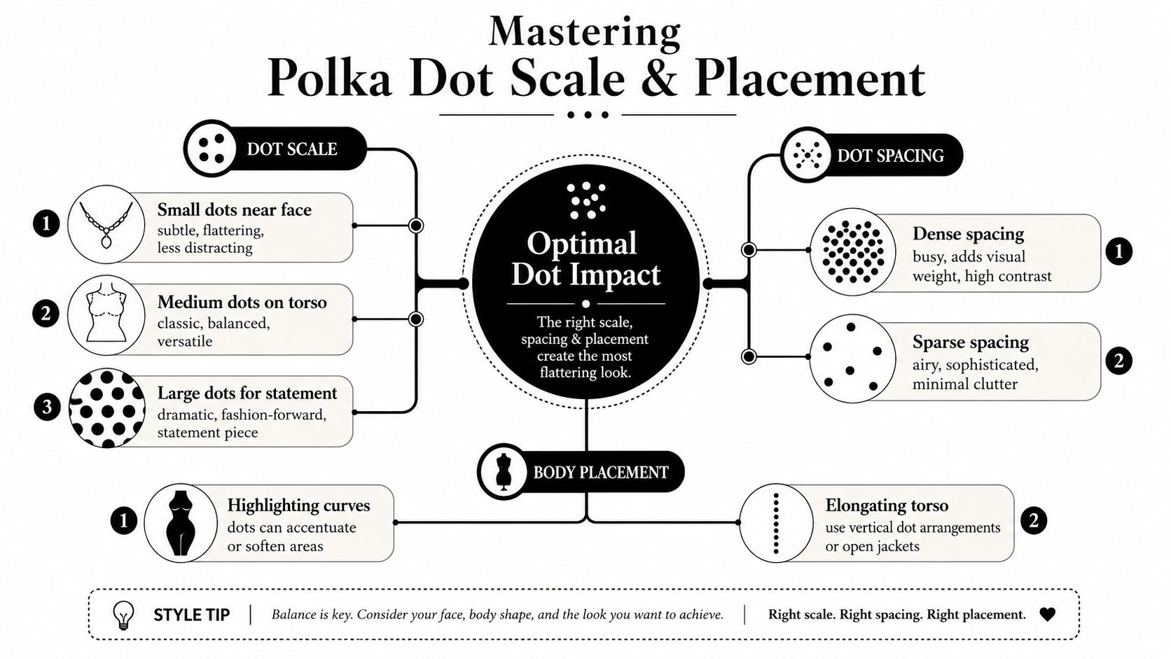 An infographic titled Mastering Polka Dot Scale & Placement illustrating style tips for wearing polka dots effectively.