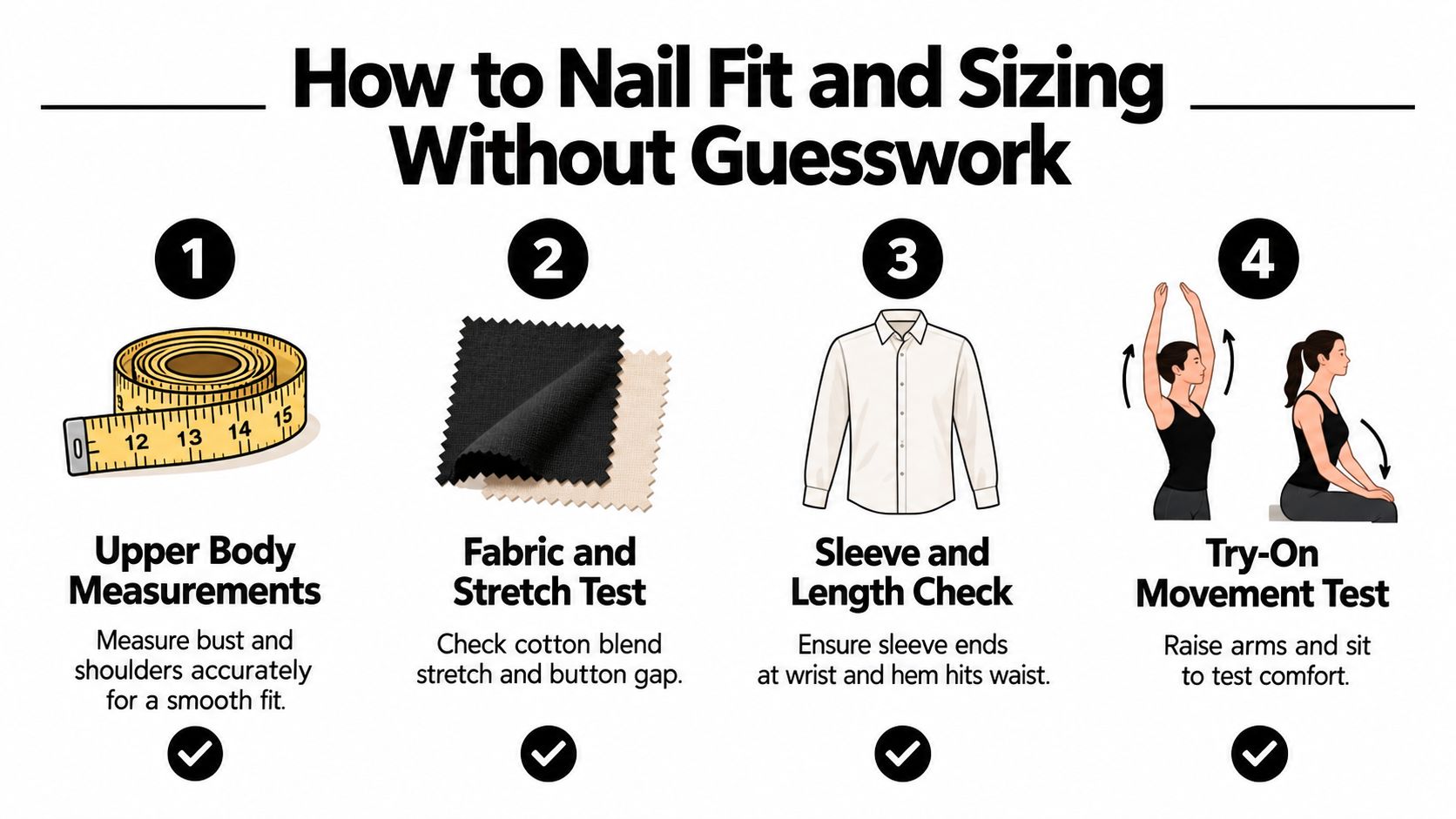 An infographic showing four steps to ensure a perfect fit when buying fitted white blouses online.