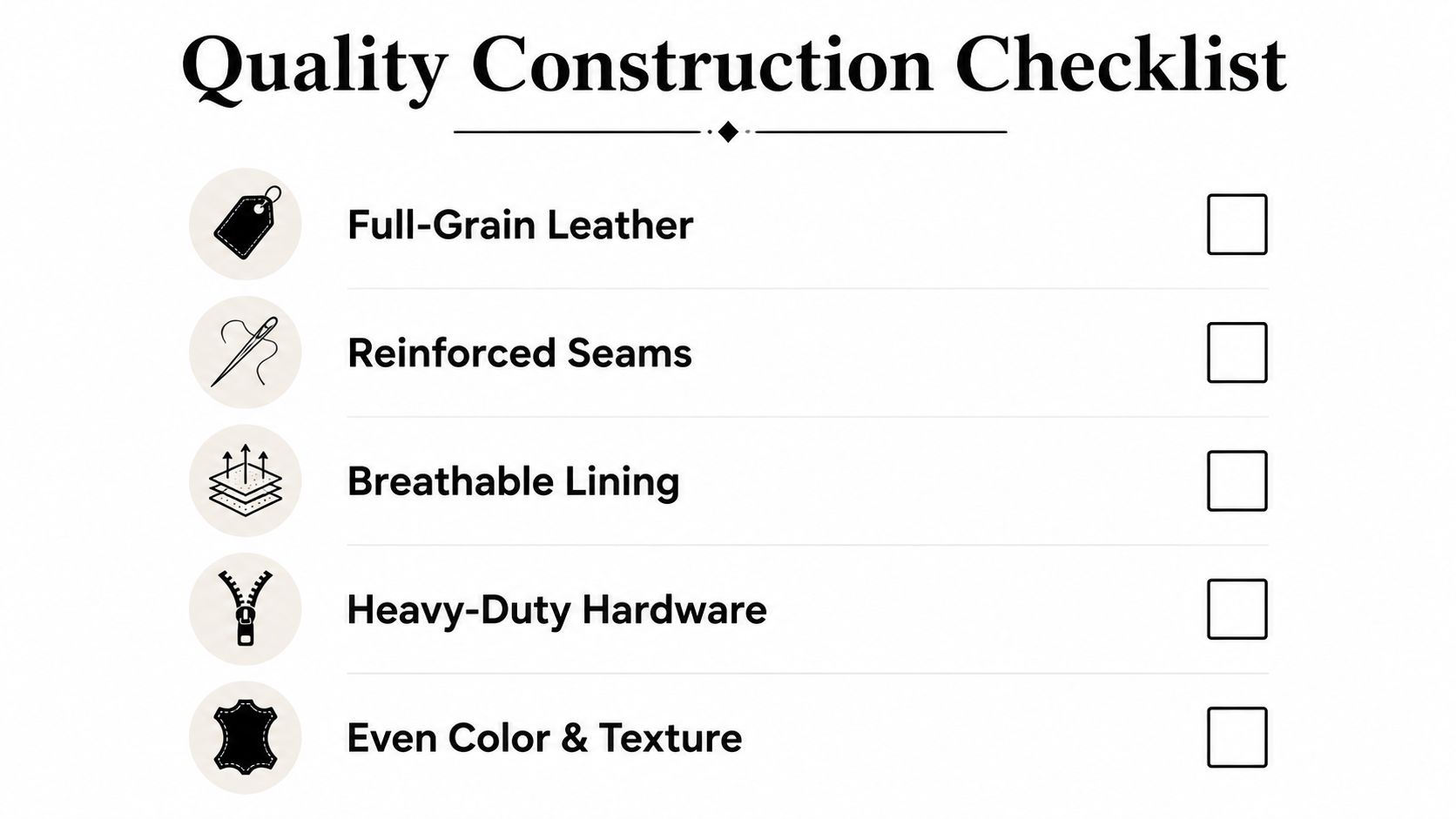 A quality construction checklist featuring five essential features for high-quality leather goods and clothing.