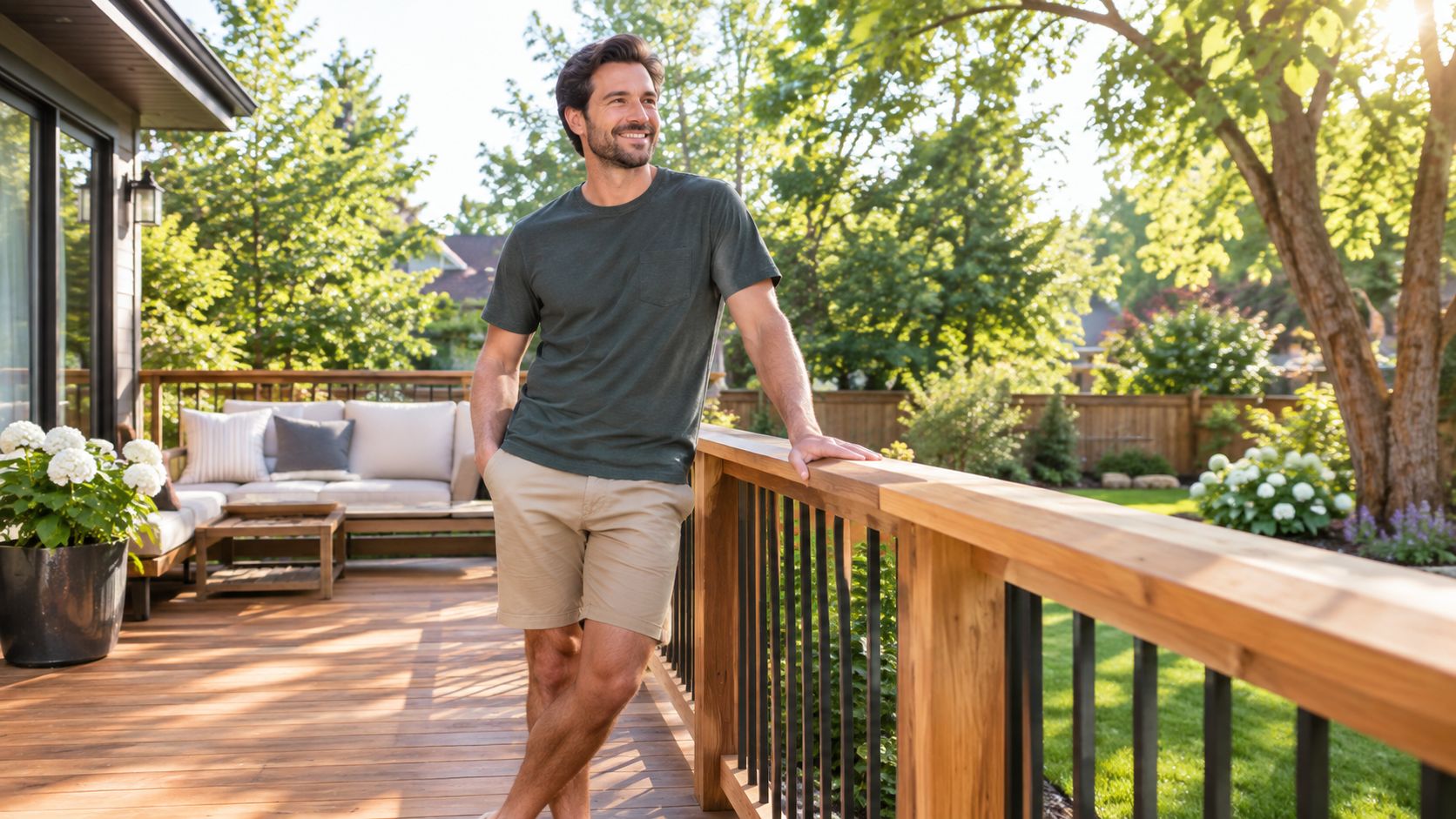 A smiling man leaning against a beautiful custom cedar deck railing in a sunny backyard patio setting.