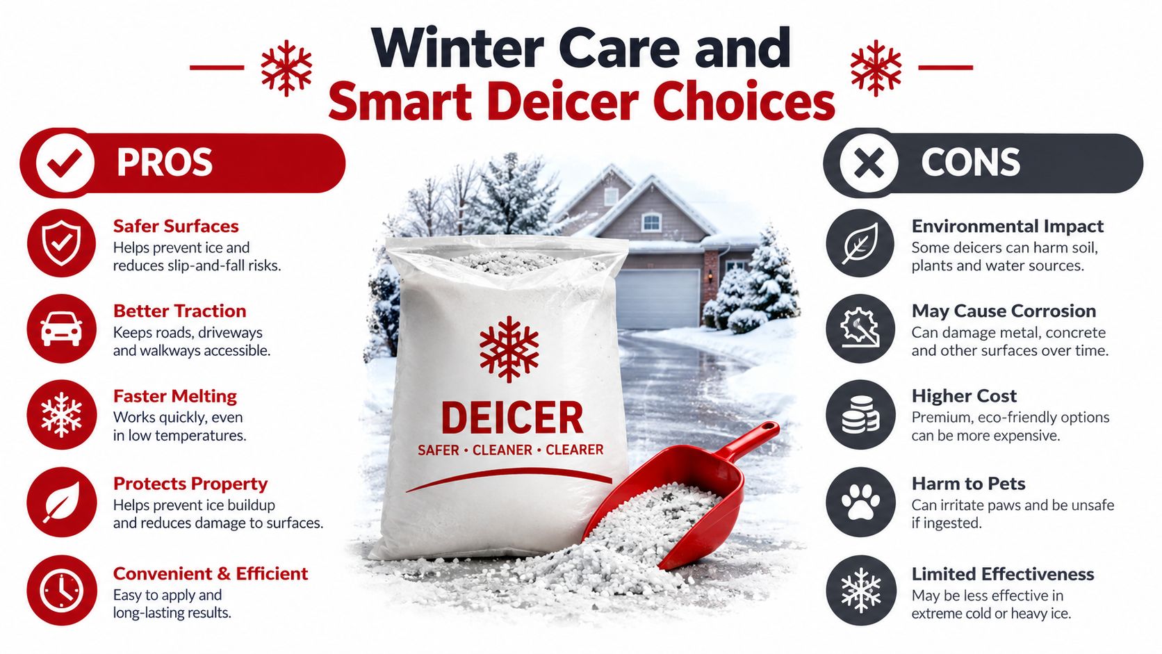 An infographic titled Winter Care and Smart Deicer Choices detailing the pros and cons of using ice melters.