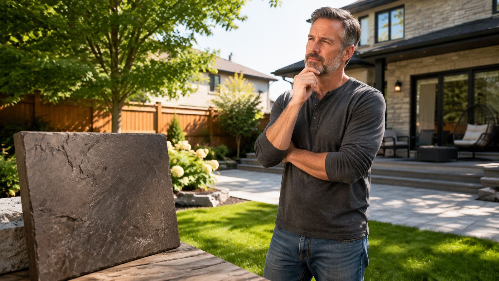 A middle-aged man thoughtfully considering a textured stone tile sample in his beautiful suburban backyard.
