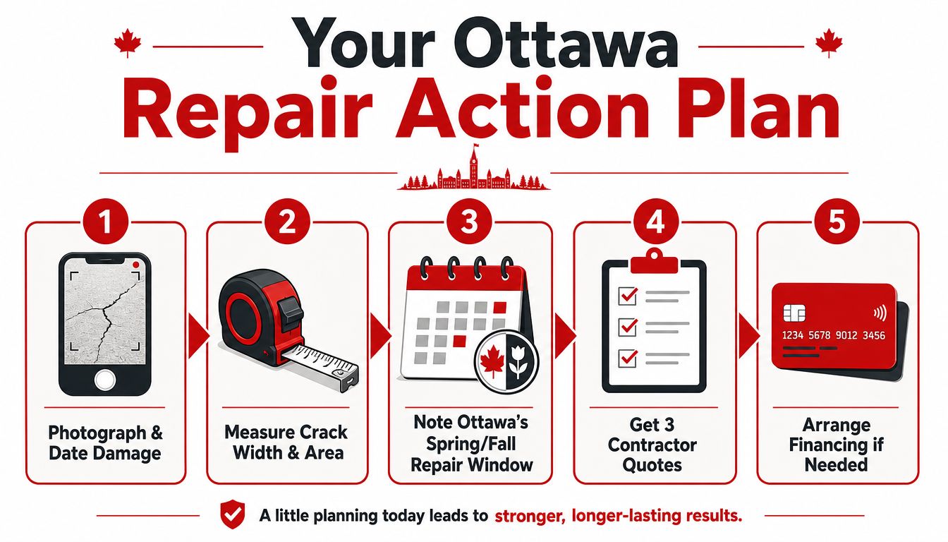 A numbered infographic detailing a five-step repair action plan for property maintenance in Ottawa.