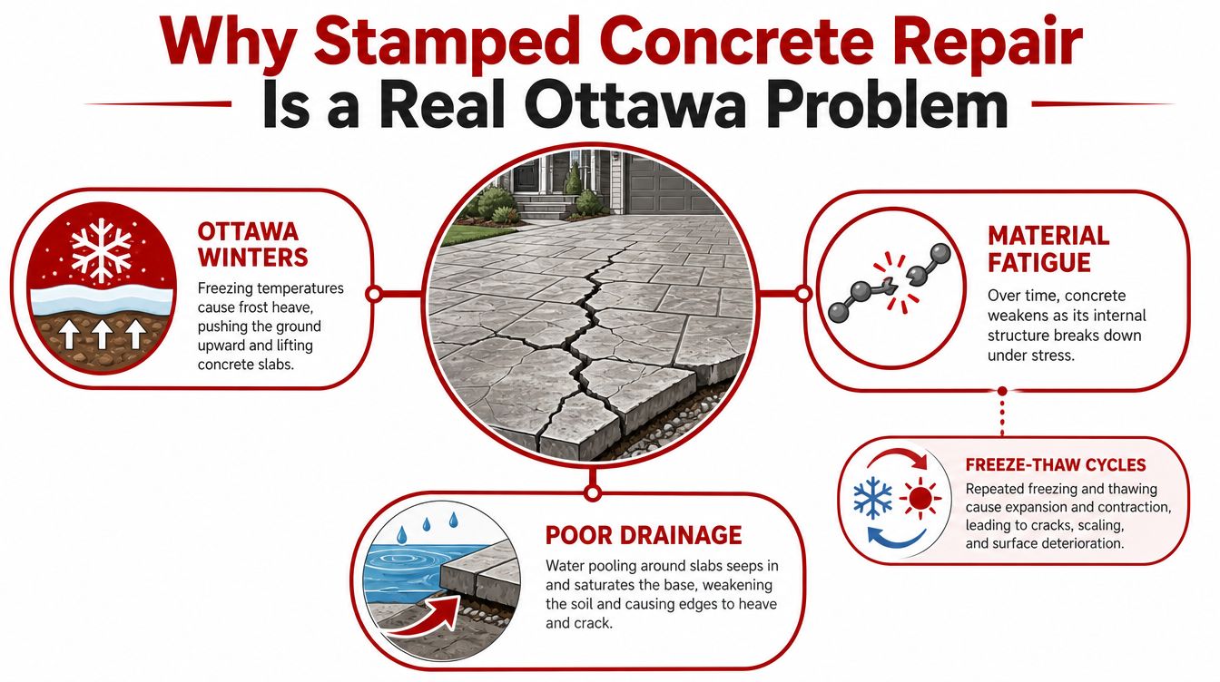 An infographic detailing why stamped concrete repair is a significant issue in Ottawa due to weather conditions.