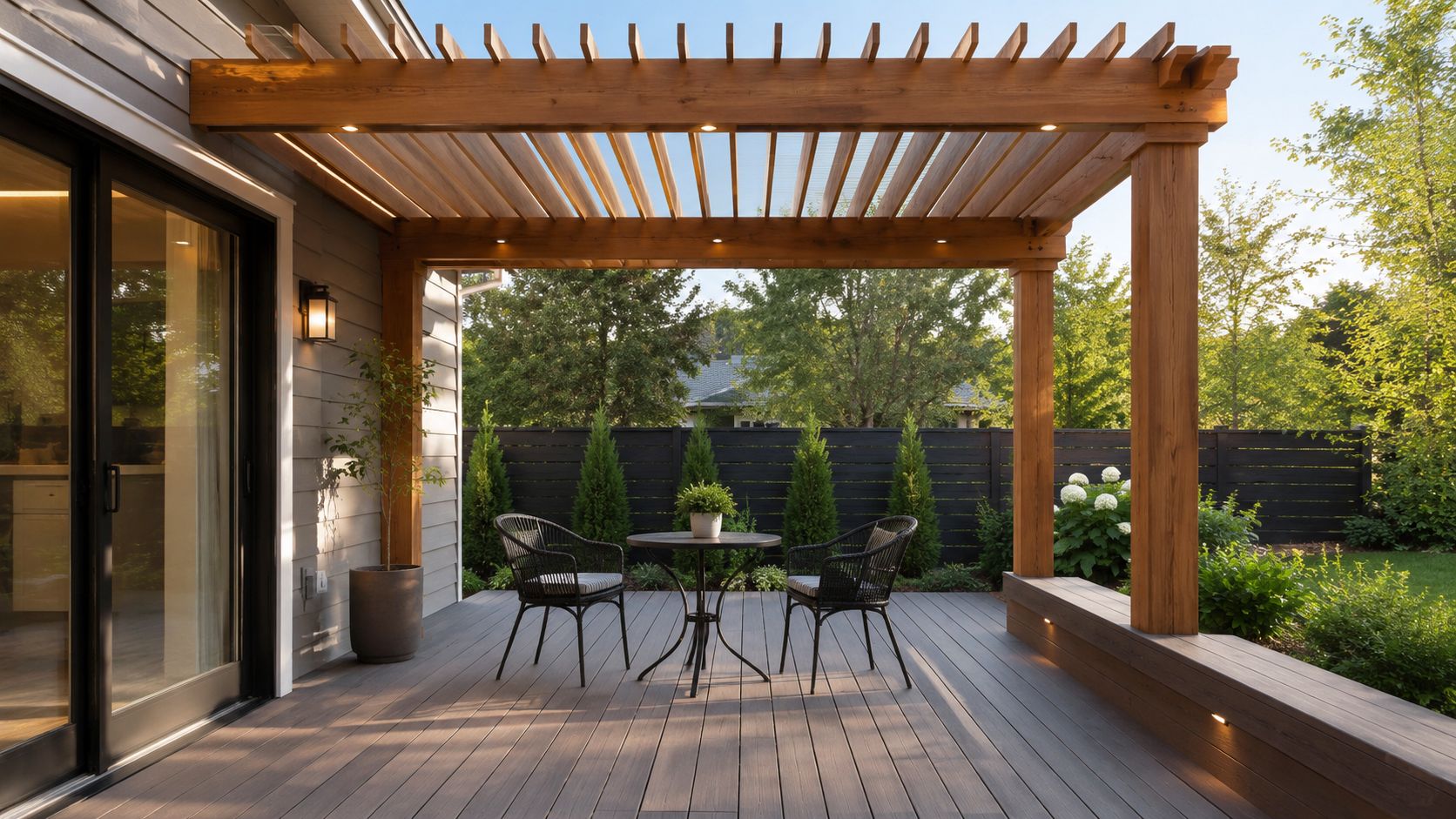 A modern outdoor deck features a wood pergola, comfortable patio chairs, a small table, and privacy fencing.
