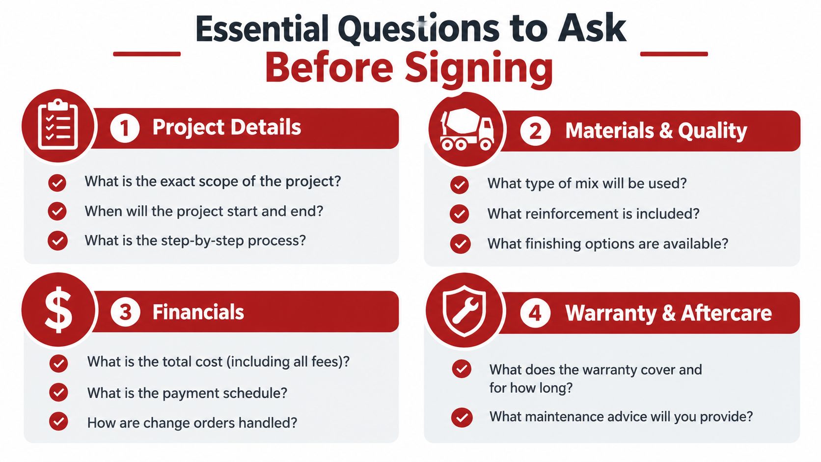 A professional infographic listing essential questions to ask a concrete contractor before signing a service agreement.