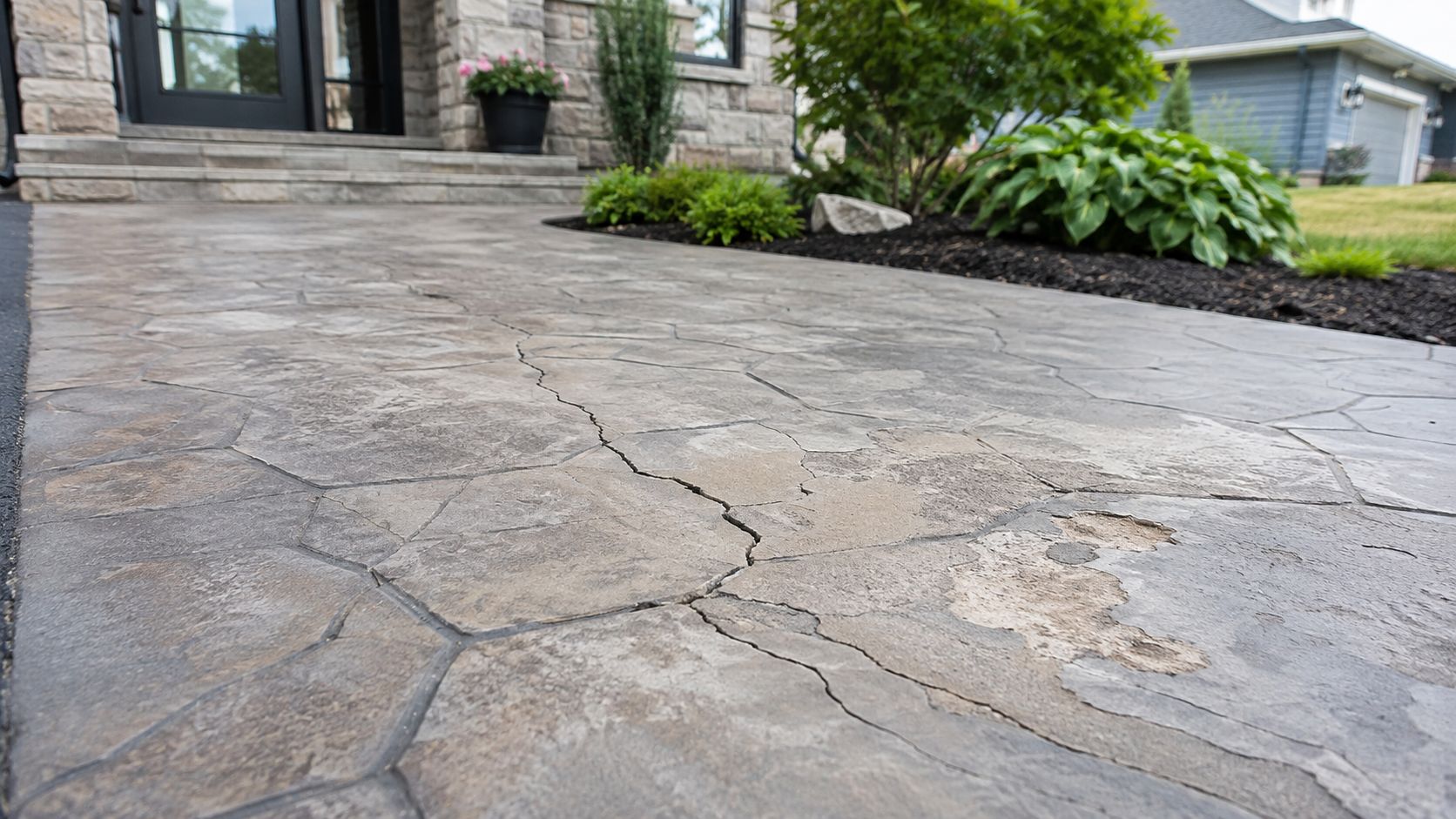 A close-up view of a cracked stamped concrete walkway leading to a residential front entrance doorway.