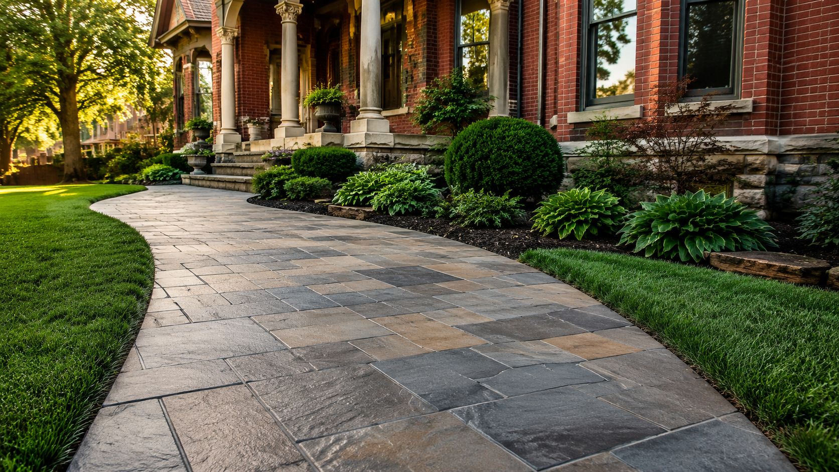 A beautiful residential home with a high-quality stamped concrete walkway leading to the front porch steps