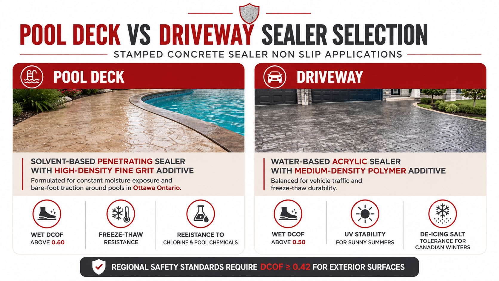 A comparison chart showing stamped concrete sealer selection for pool decks and driveways with non-slip safety standards.