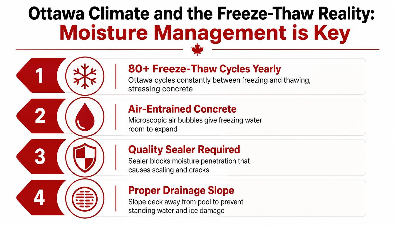 An infographic titled Ottawa Climate and the Freeze-Thaw Reality explaining key steps to protect concrete pool decks.