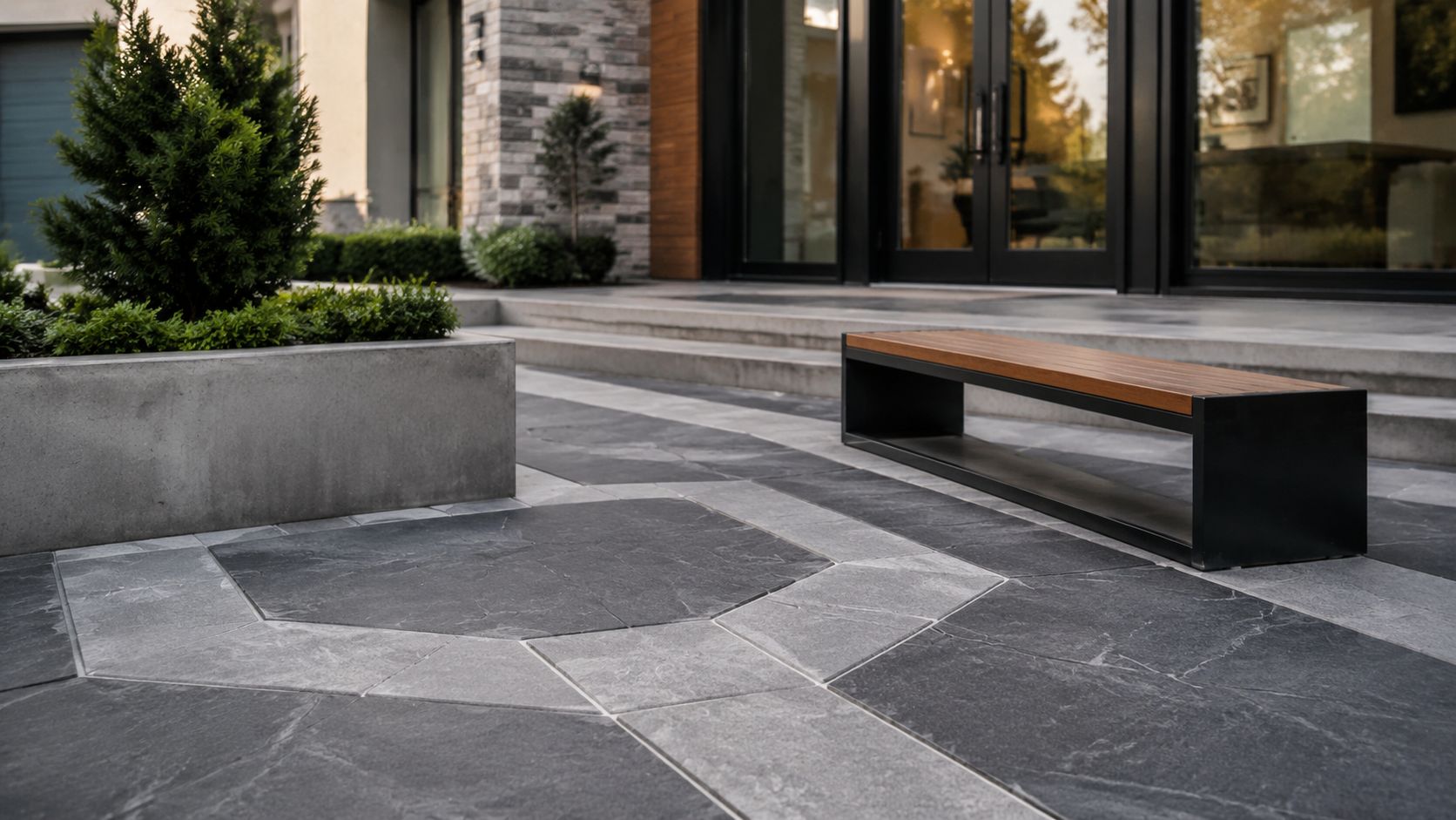 A modern outdoor stone patio featuring an elegant stamped concrete design with a minimalist bench and planters.