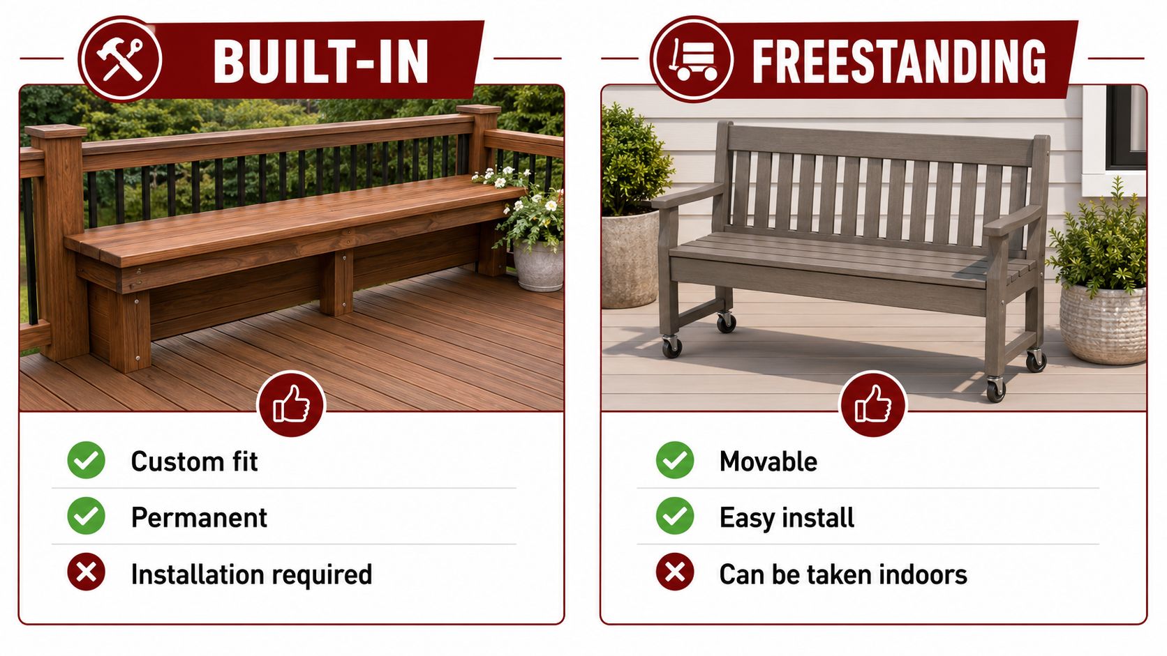 A comparison graphic showing a built-in wooden deck bench versus a movable, wheel-equipped freestanding bench for outdoor spaces.