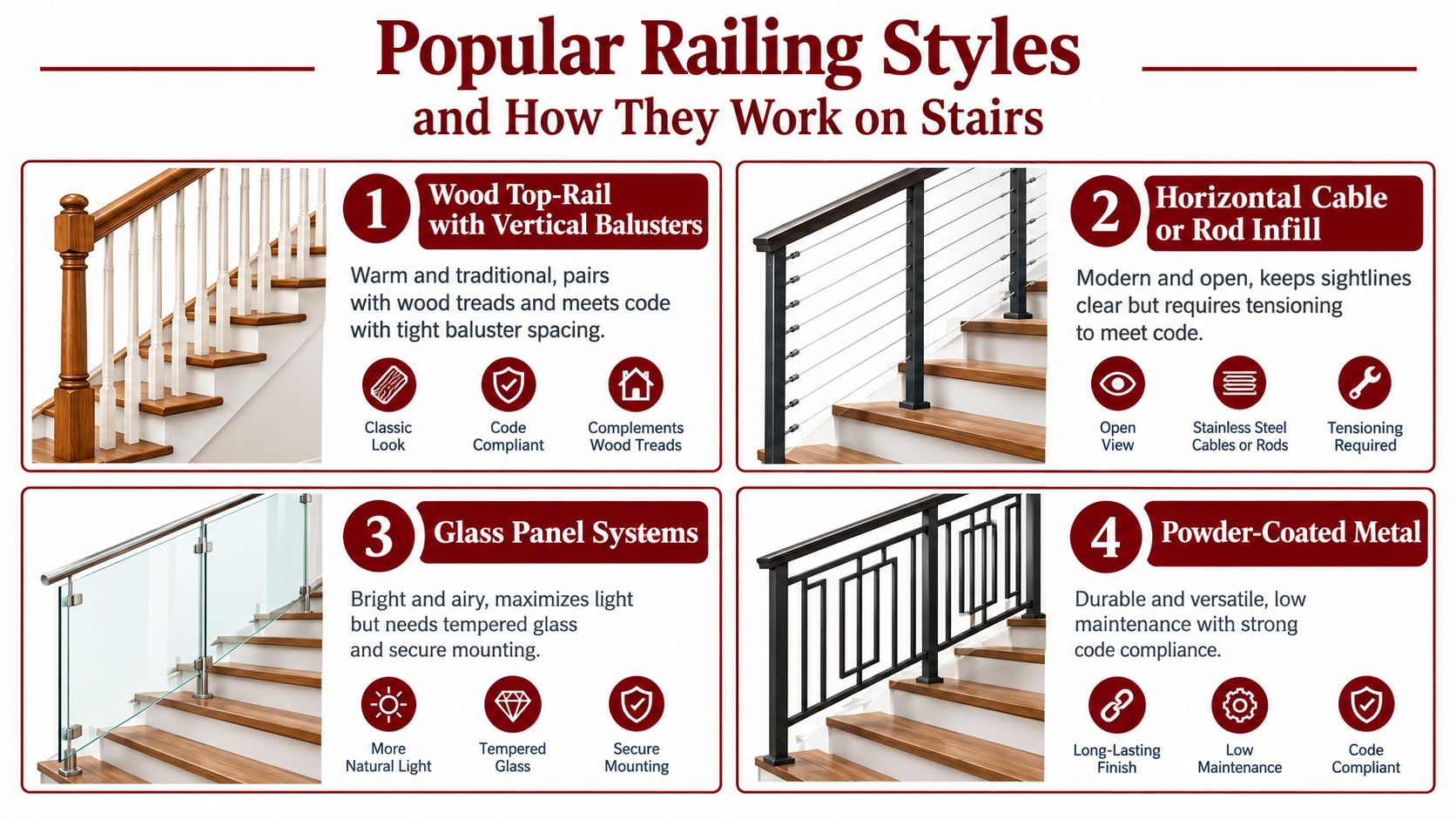 A diagram illustrating four popular stair railing styles including wood, cable, glass, and metal designs.