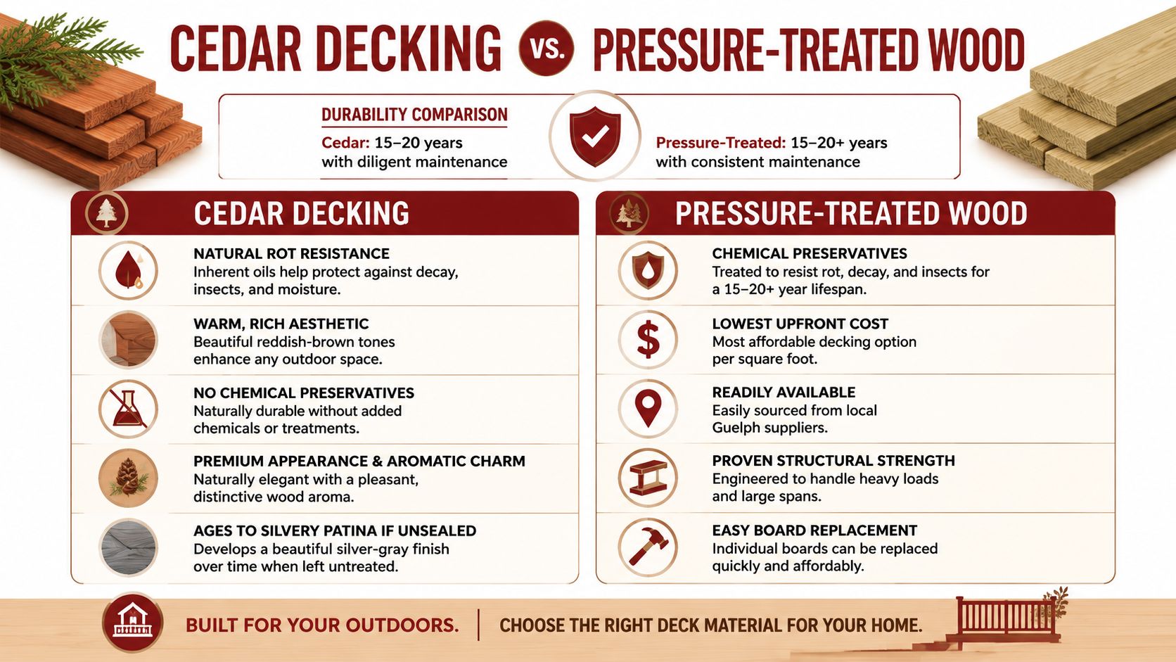A comparison infographic detailing the pros and cons of choosing cedar decking versus pressure-treated wood materials.
