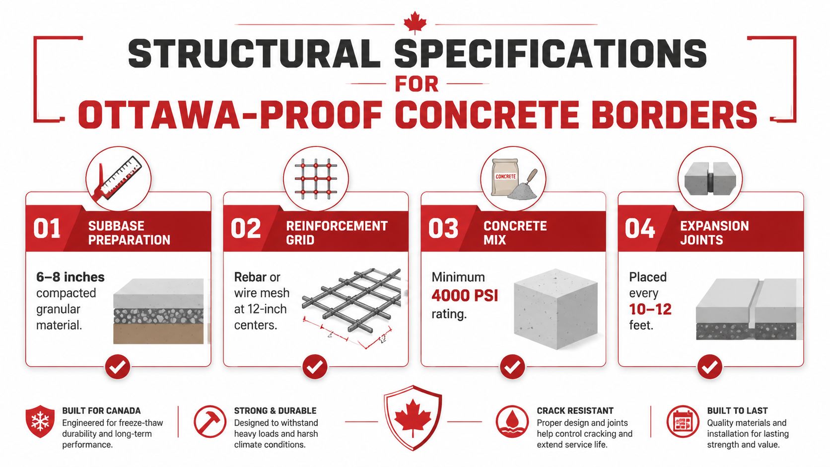 A detailed infographic showing structural specifications for durable, frost-resistant Ottawa concrete borders and installation guidelines.