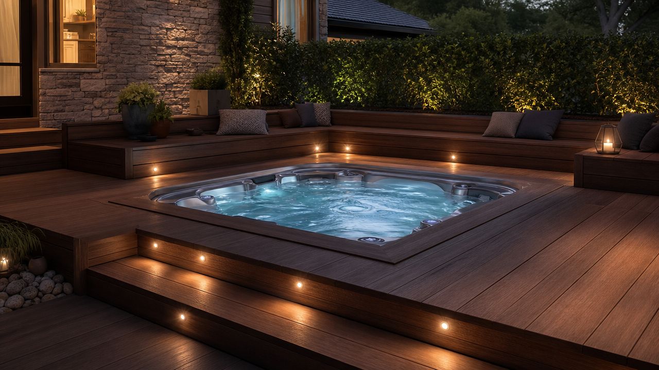 A luxurious wooden deck featuring an illuminated square hot tub and integrated seating at night.
