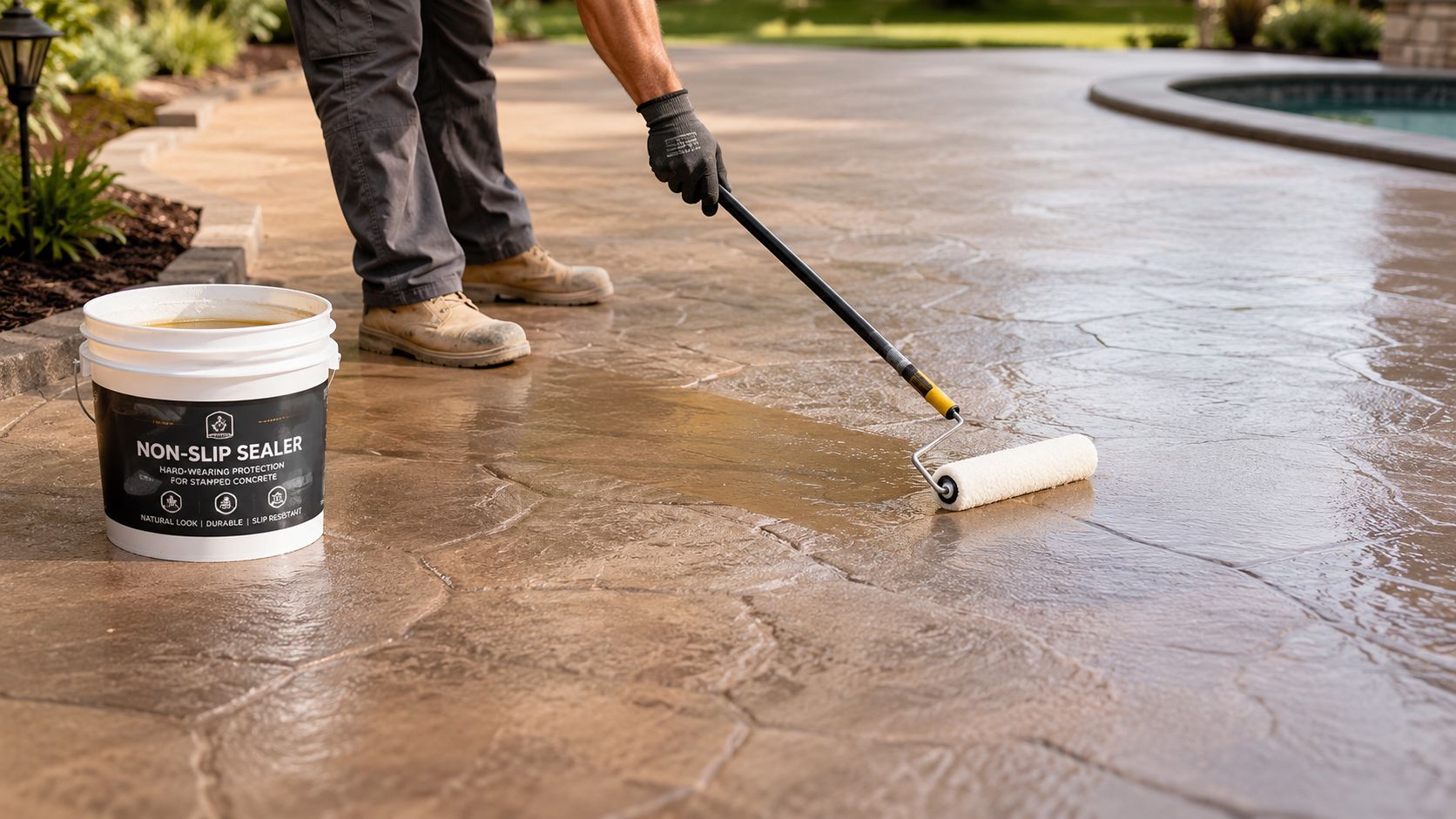 A professional worker applies non-slip sealer to a stamped concrete patio using a long-handled paint roller.