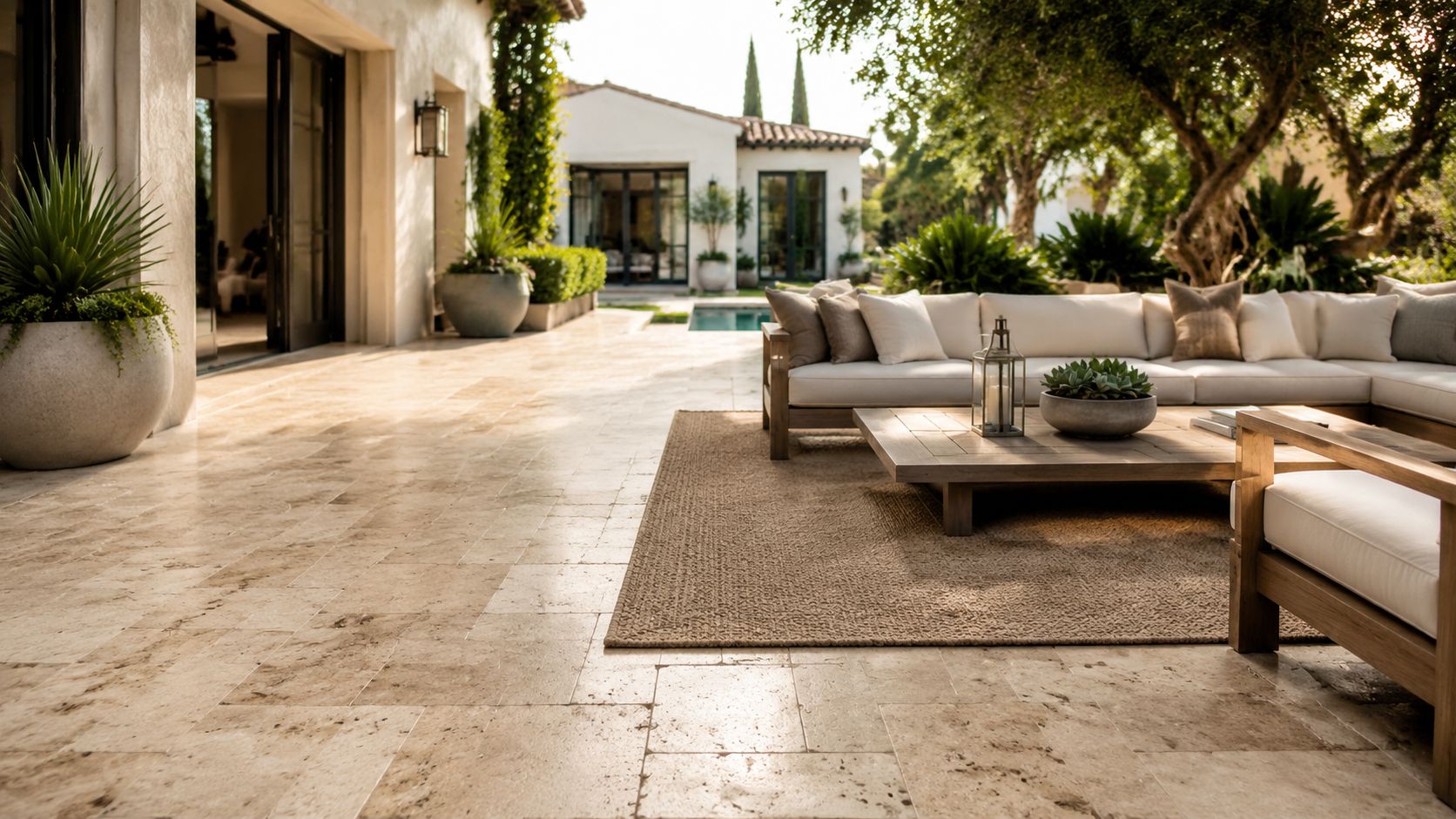 A luxurious outdoor patio featuring light-colored stone tiles, comfortable sectional seating, and elegant landscaping surrounding a swimming pool.
