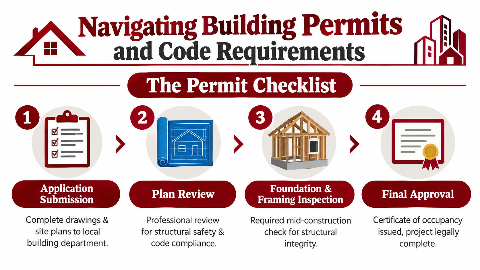 A four-step infographic showing the building permit process from application submission to final project approval.