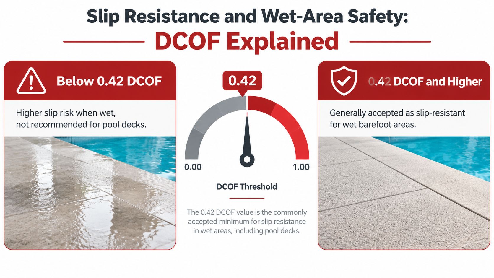 An infographic explaining the 0.42 DCOF safety standard for slip-resistant surfaces on wet pool decks.