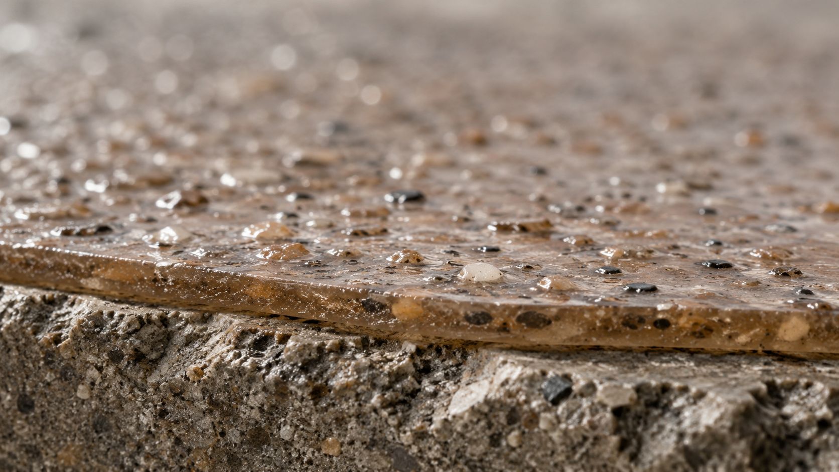 A close-up view of a clear, aggregate-infused concrete sealer layer applied over rough, textured concrete surface.
