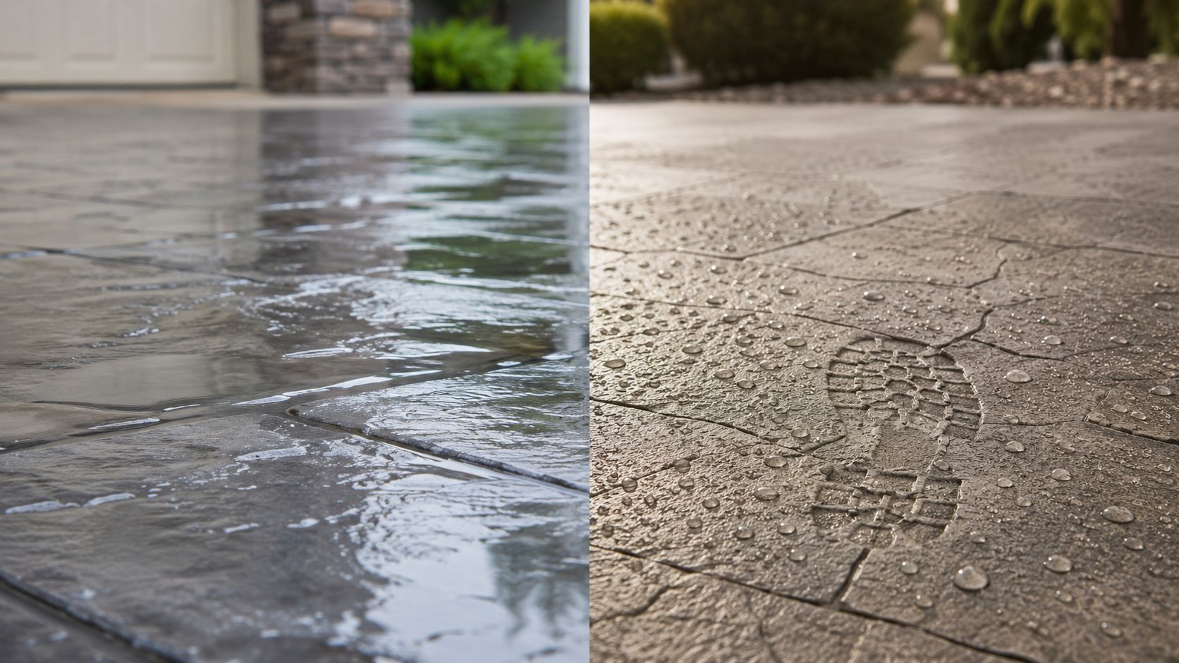 A comparison photo showing stamped concrete with a glossy sealer versus a matte non-slip concrete finish.