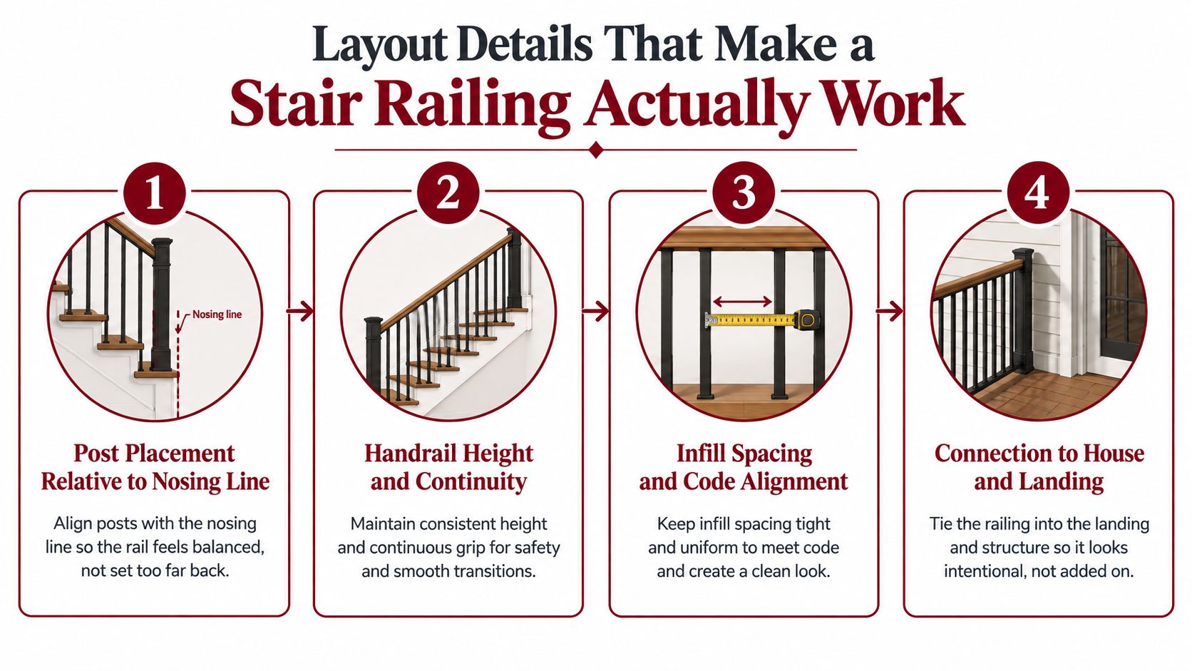 An infographic showing four key steps for designing safe and visually balanced residential stair railing systems.