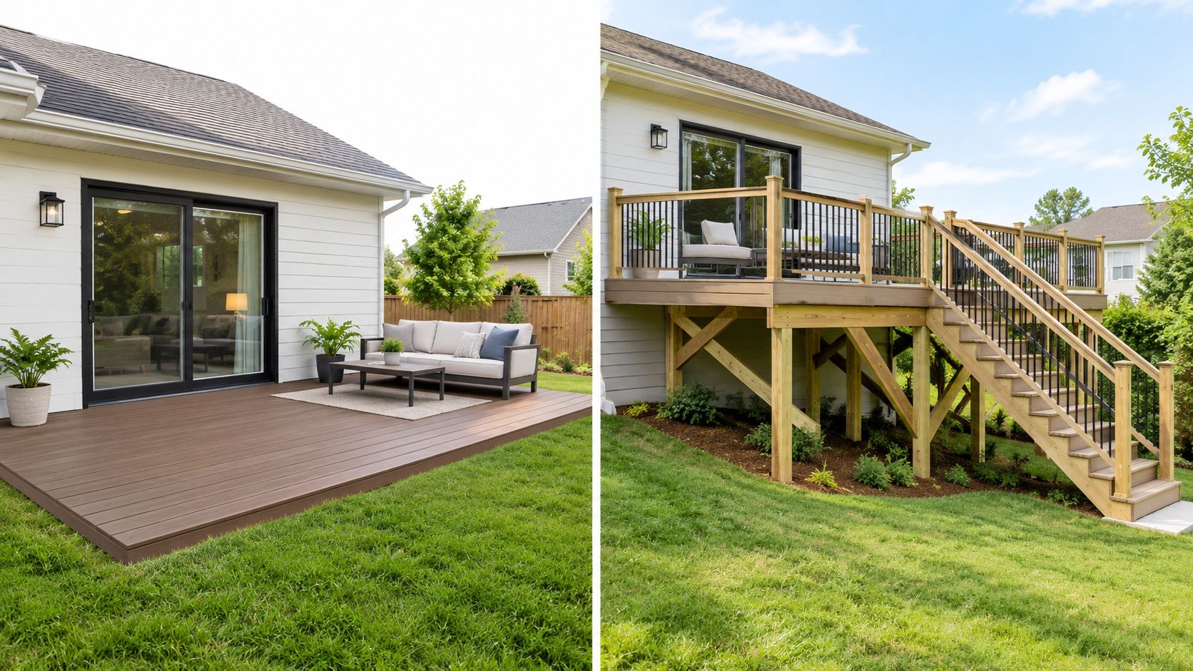 A comparison showing a low-level backyard deck next to an elevated wooden deck with stairs.
