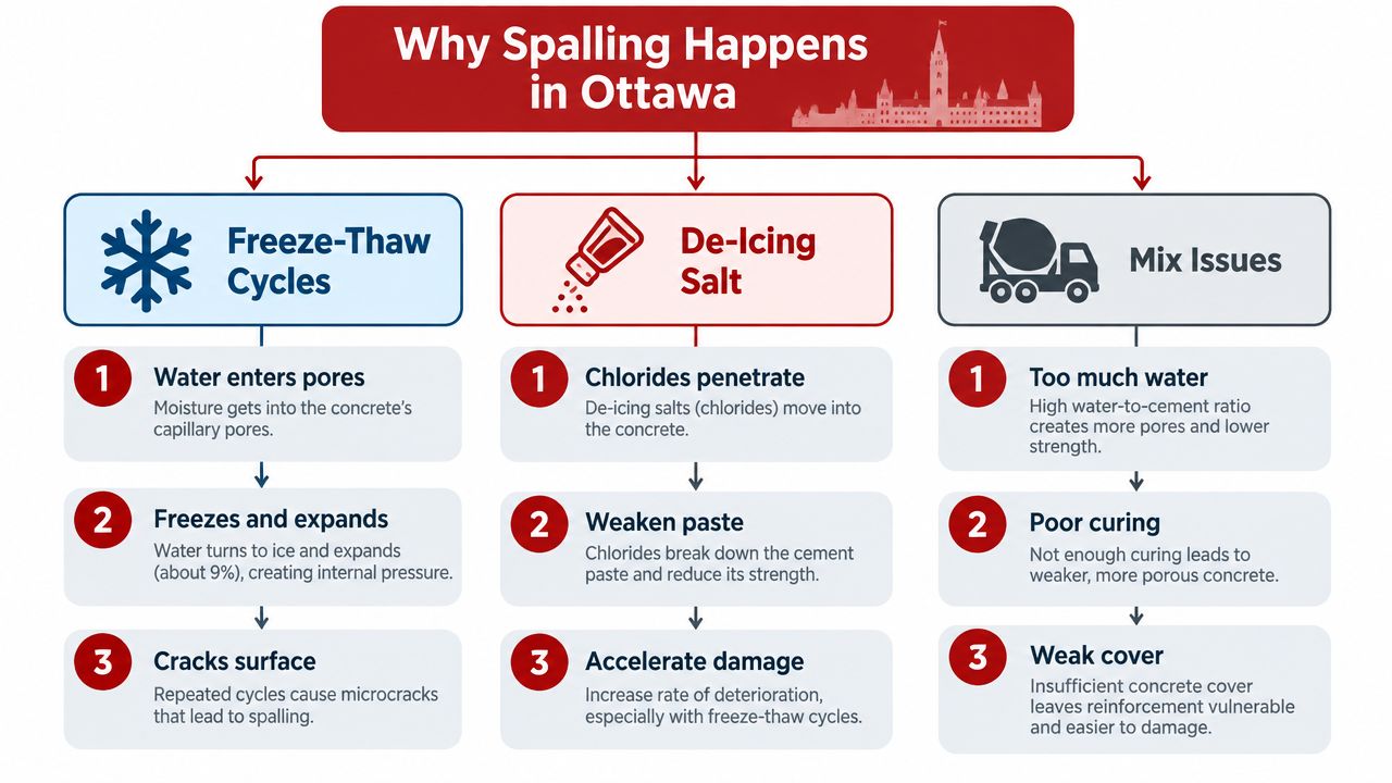 A flowchart explaining the causes of concrete spalling in Ottawa, including freeze-thaw cycles, salt, and mix issues.
