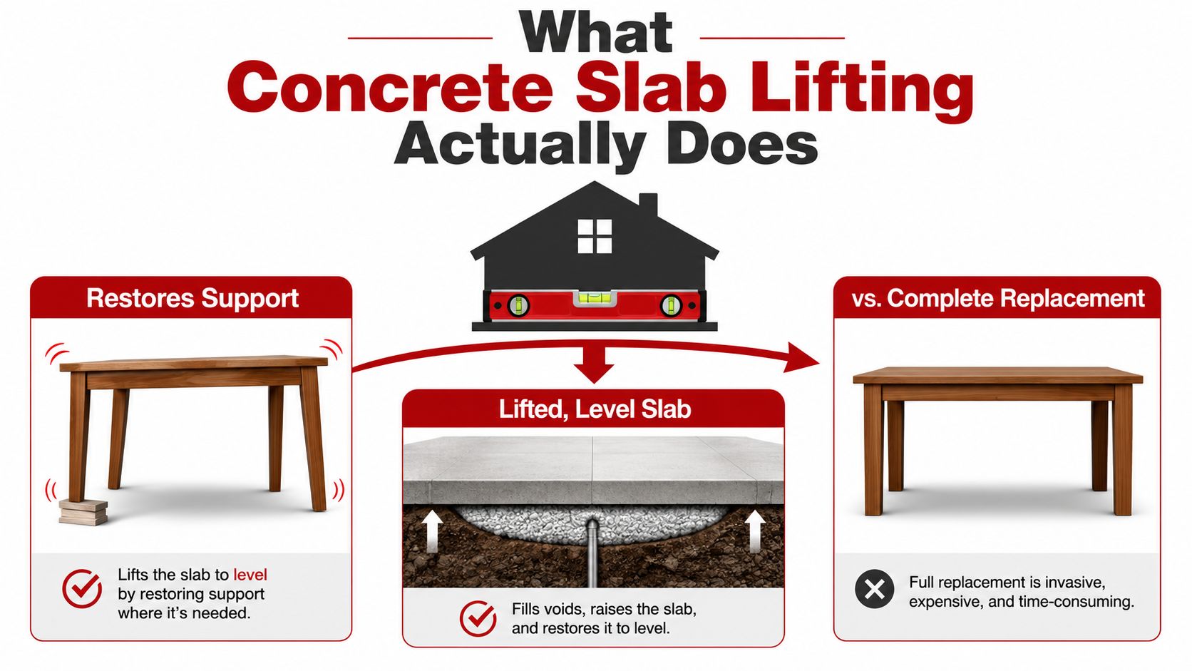 An infographic showing the benefits of concrete slab lifting compared to the costly process of total replacement.