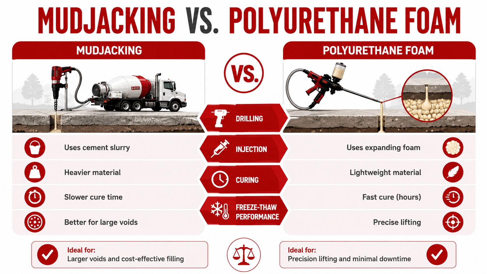 A comparison infographic showing the differences between mudjacking and polyurethane foam for concrete slab lifting and repair.