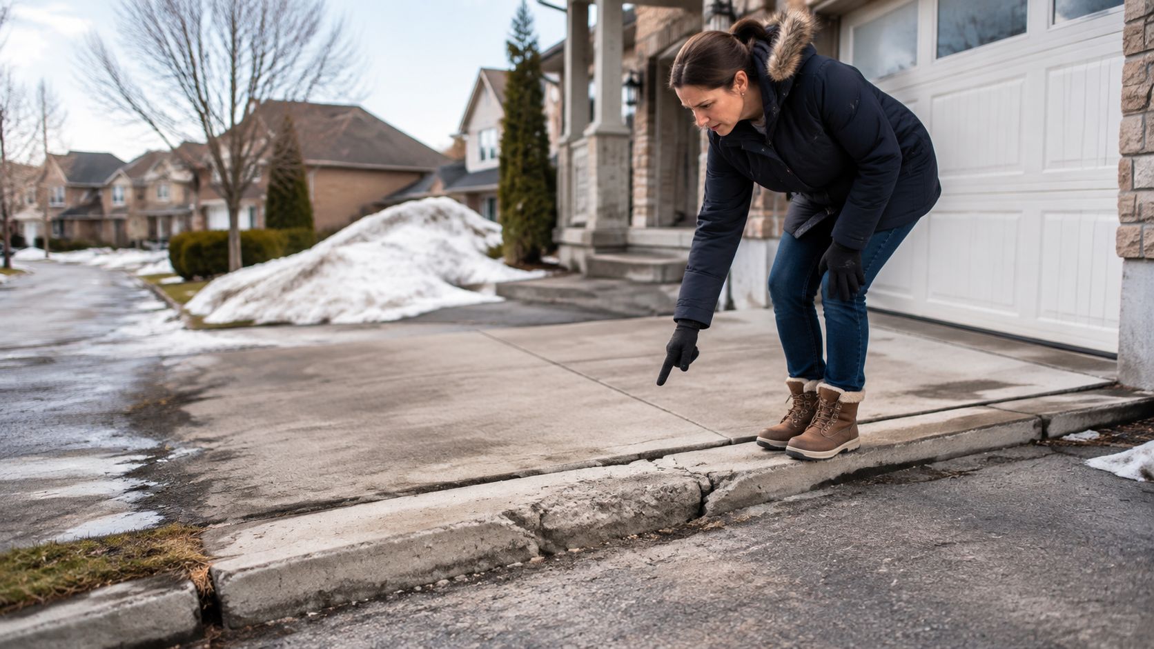 A woman pointing at a cracked and damaged concrete driveway curb outside her home in winter.