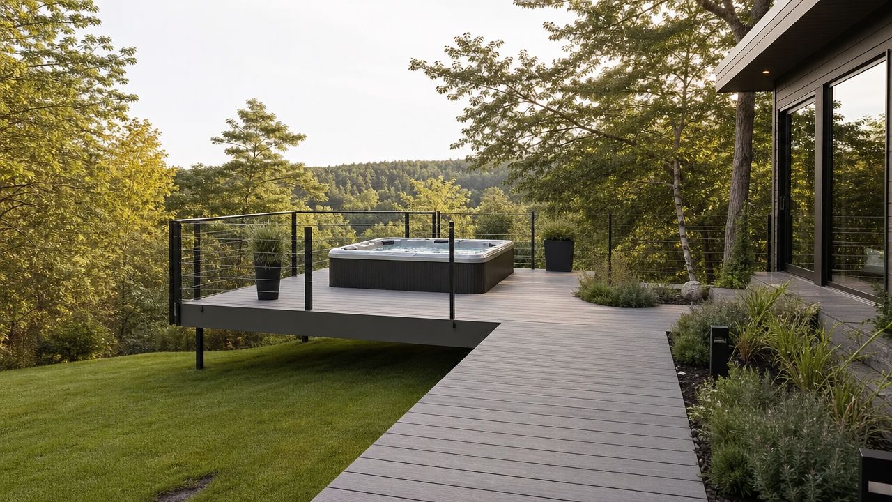 A modern raised wooden deck featuring a hot tub overlooking a scenic forest and green backyard landscape.