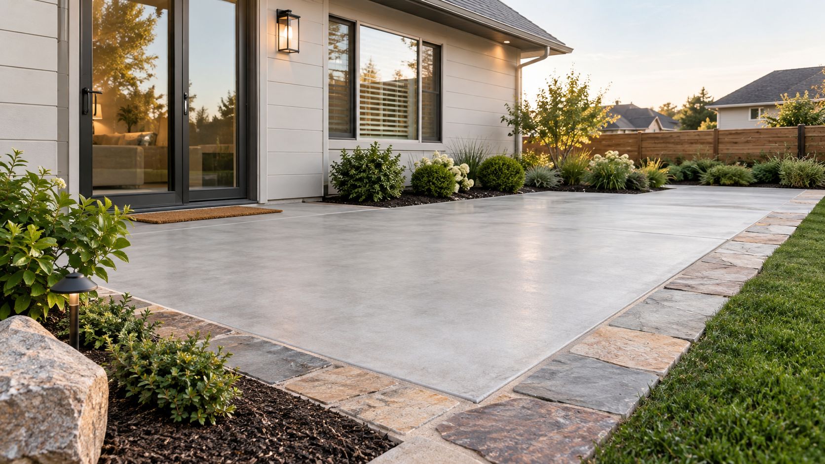A modern concrete patio featuring a decorative stone border, lush landscaping, and a well-lit home exterior at sunset.